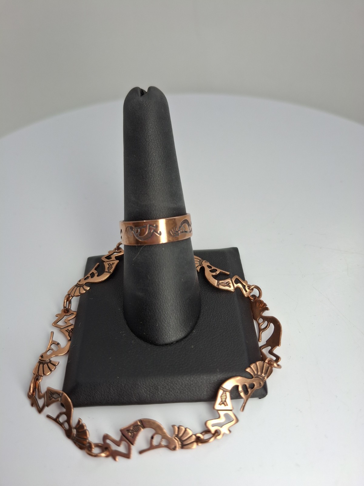 Vintage N.A. Kachina Dancer (Kokopelli) Solid Copper Link Bracelet & Ring Set