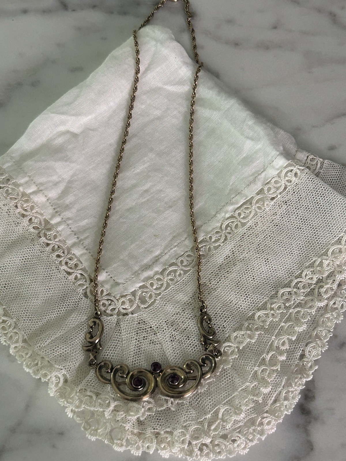 Symmetalic Vintage Sterling /14k Gold Amethyst Scroll Design Necklace