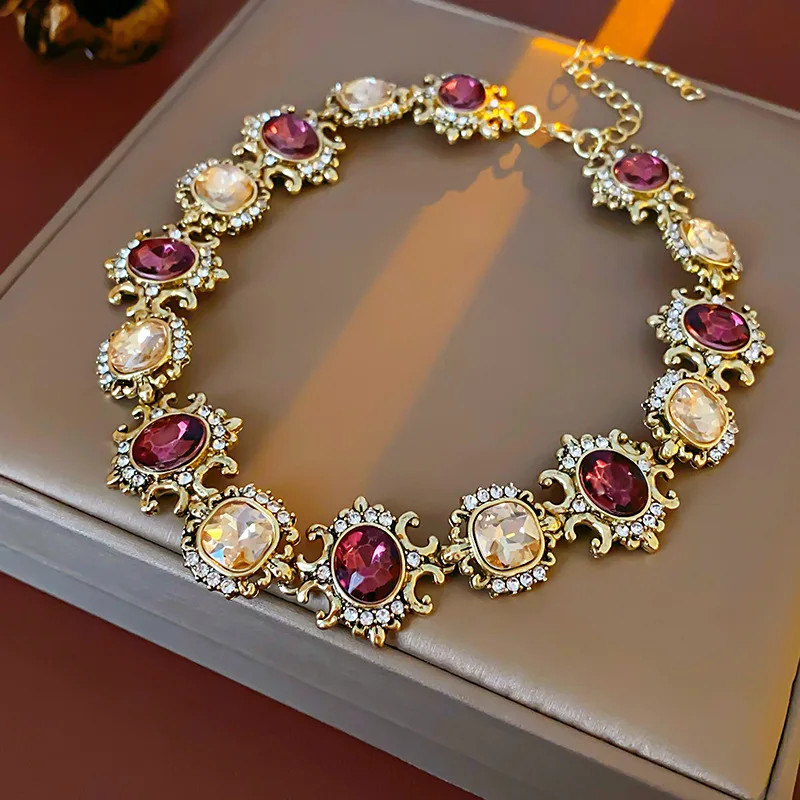 Vintage Purple Rhinestone Necklace Drop Earrings for Women Palace Style