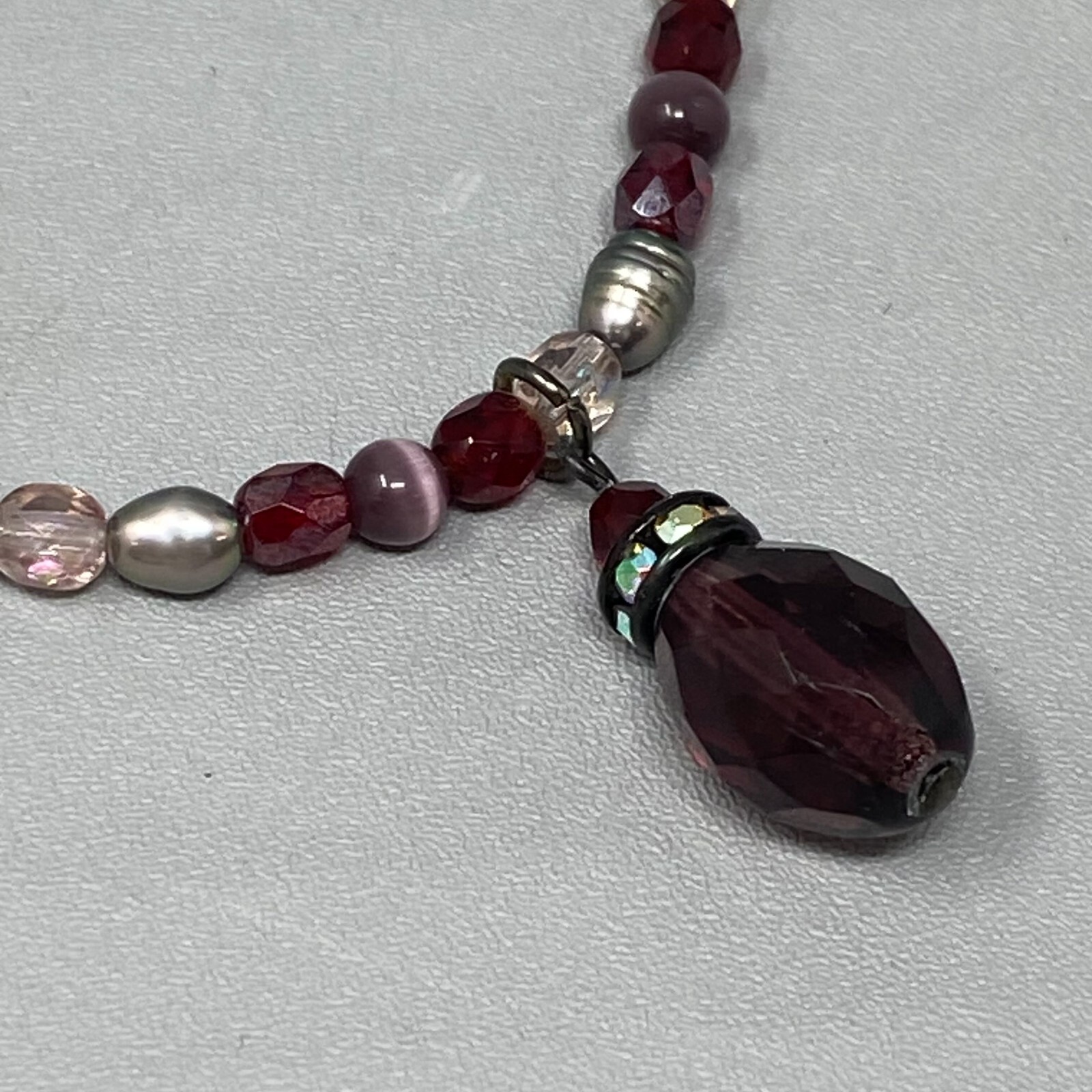 Red Pendant Necklace Teardrop Faceted Glass Purple Cats Eye Dainty Iridescent AB