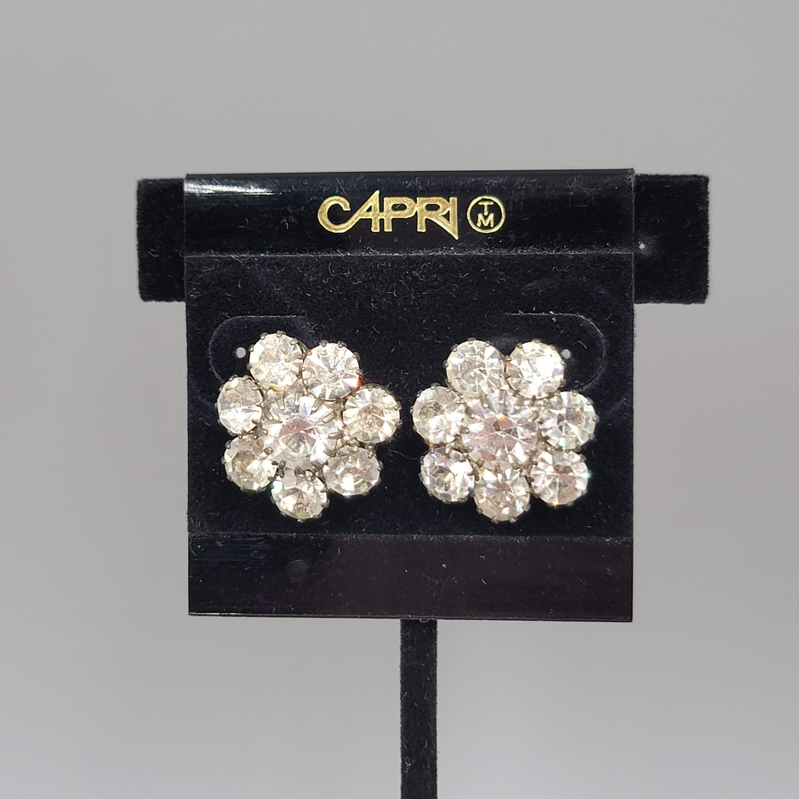 Vintage Capri Sparkle Rhinestone Pierced Earrings Drop 1″