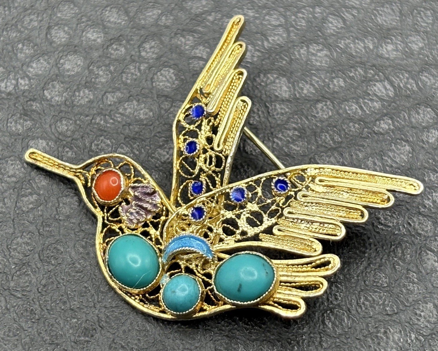 VTG Hummingbird Brooch Vermeil 925 Sterling Silver Turquoise Coral Blue Enamel