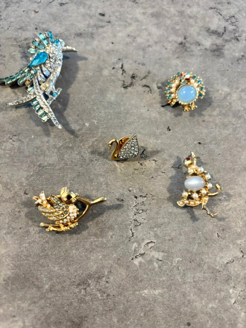 Vintage Jeweled Birds; Swan, Peacock,etc Brooches Lot of 5 Multicolored Pins