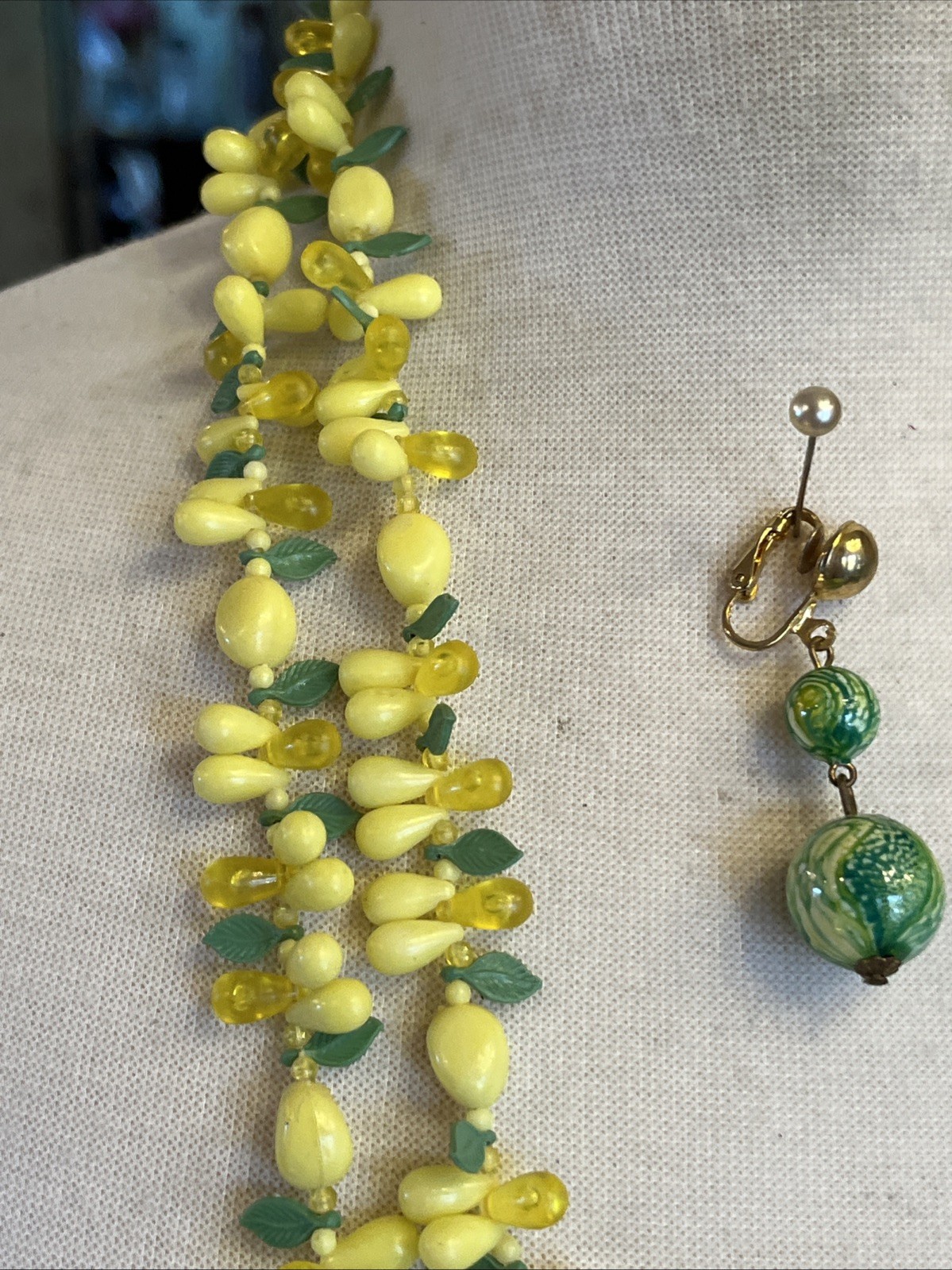 Vintage 2 Strand Tutti Fruity Lemon Necklace Czech Dangle Drop Clip Earrings Set