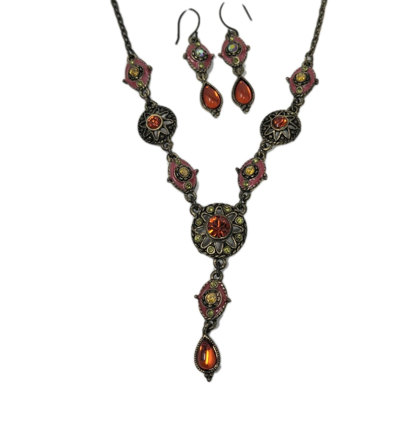 Orange Pink Yellow Y-Drop Necklace & Earring Set Rhinestones Enamel Bronze Tone