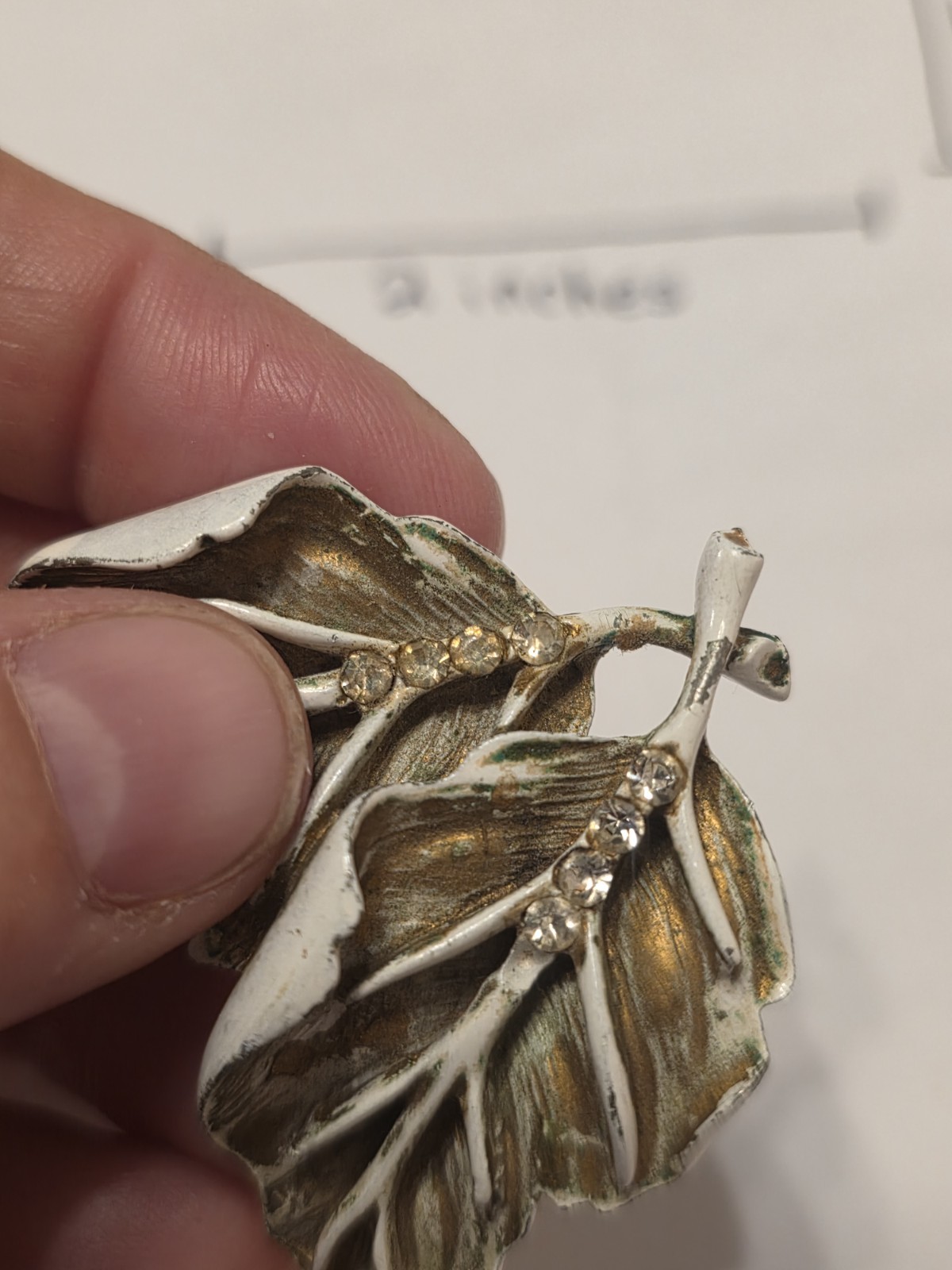Vintage Coro Style Leaf Brooch Pin with Rhinestones