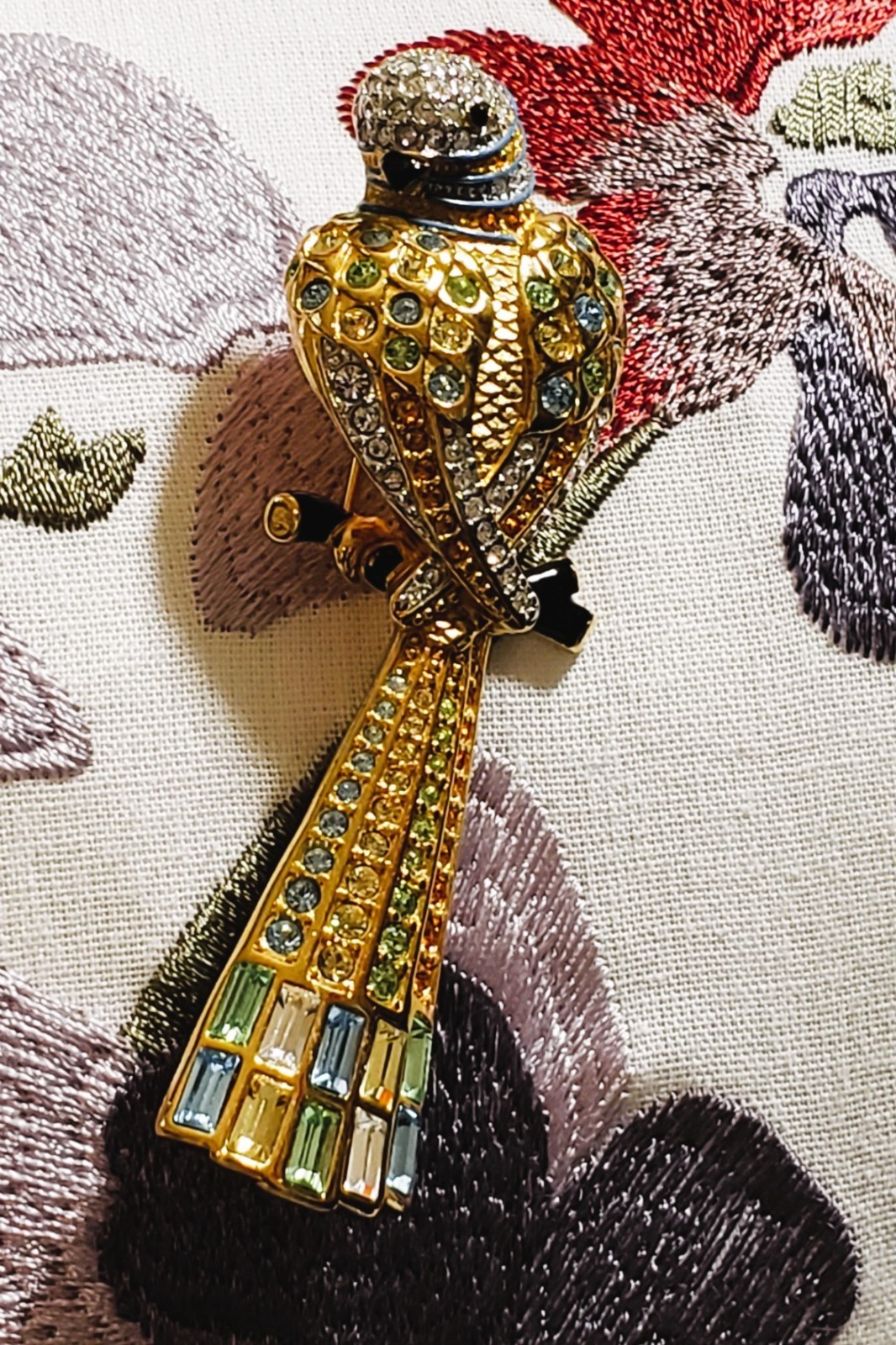 SWAROVSKI Parrot Brooch Aqua & Green Pave Crystals Gold Encrusted