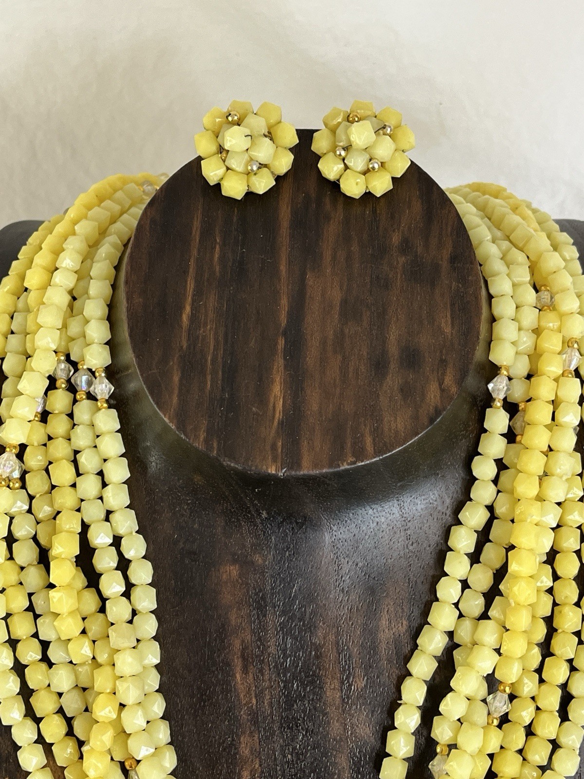 Hong Kong Yellow Beaded Necklace and Clip On Earrings Set Seven Strand Necklace