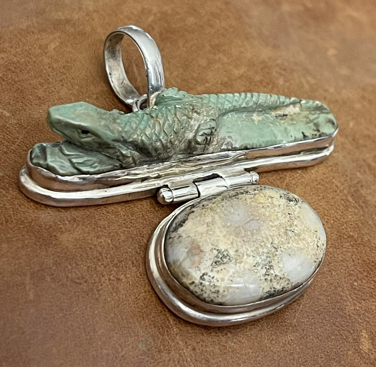 Vintage 925 Green Turquoise, Jasper Artist Created Lizard Motif Large Pendant