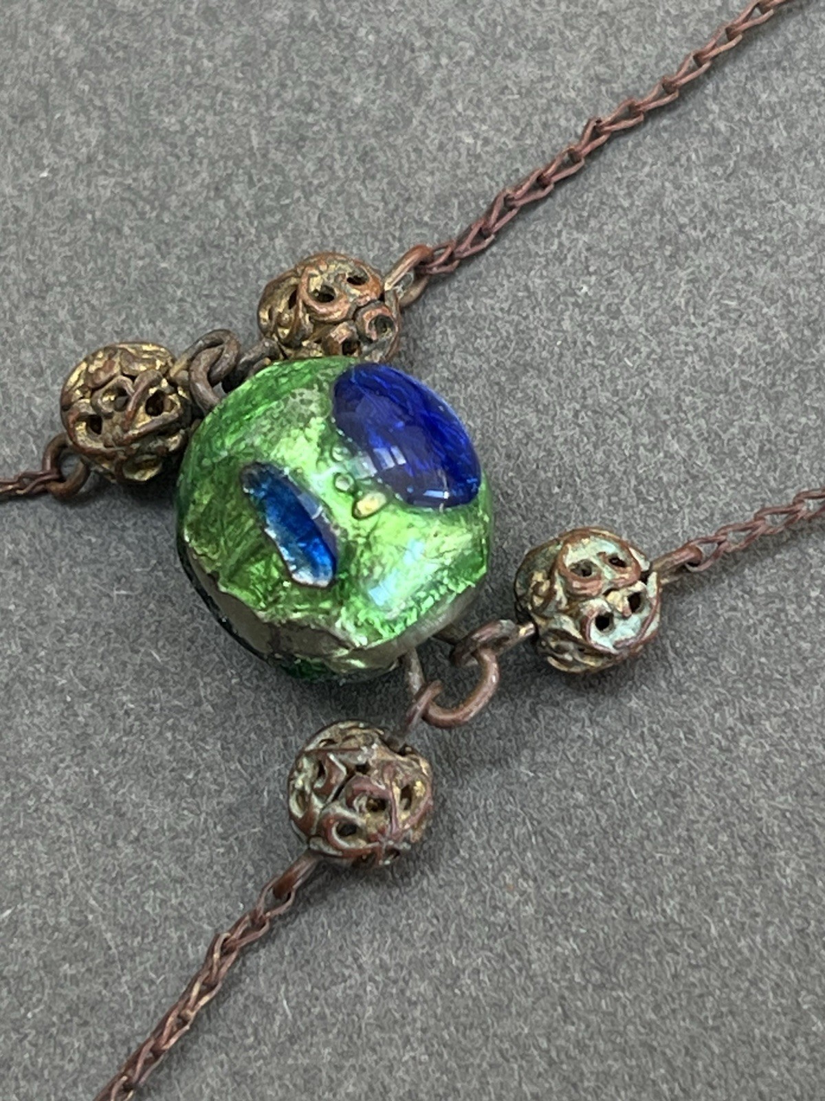 Antique Art Deco Venetian Peacock Glass Foil Necklace