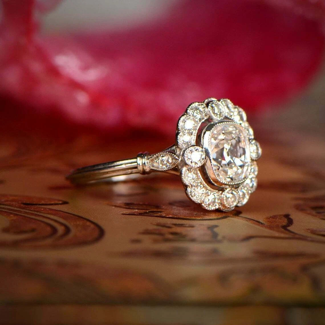 Art Deco Style Cushion Cut Lab Created Diamond Engagement Ring 14K White Gold FN