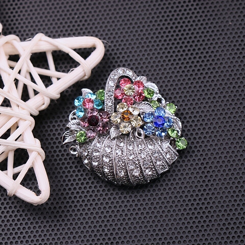 Vintage Gold and Silver Flower Basket Bouquet Rhinestone Crystal Brooches Pins