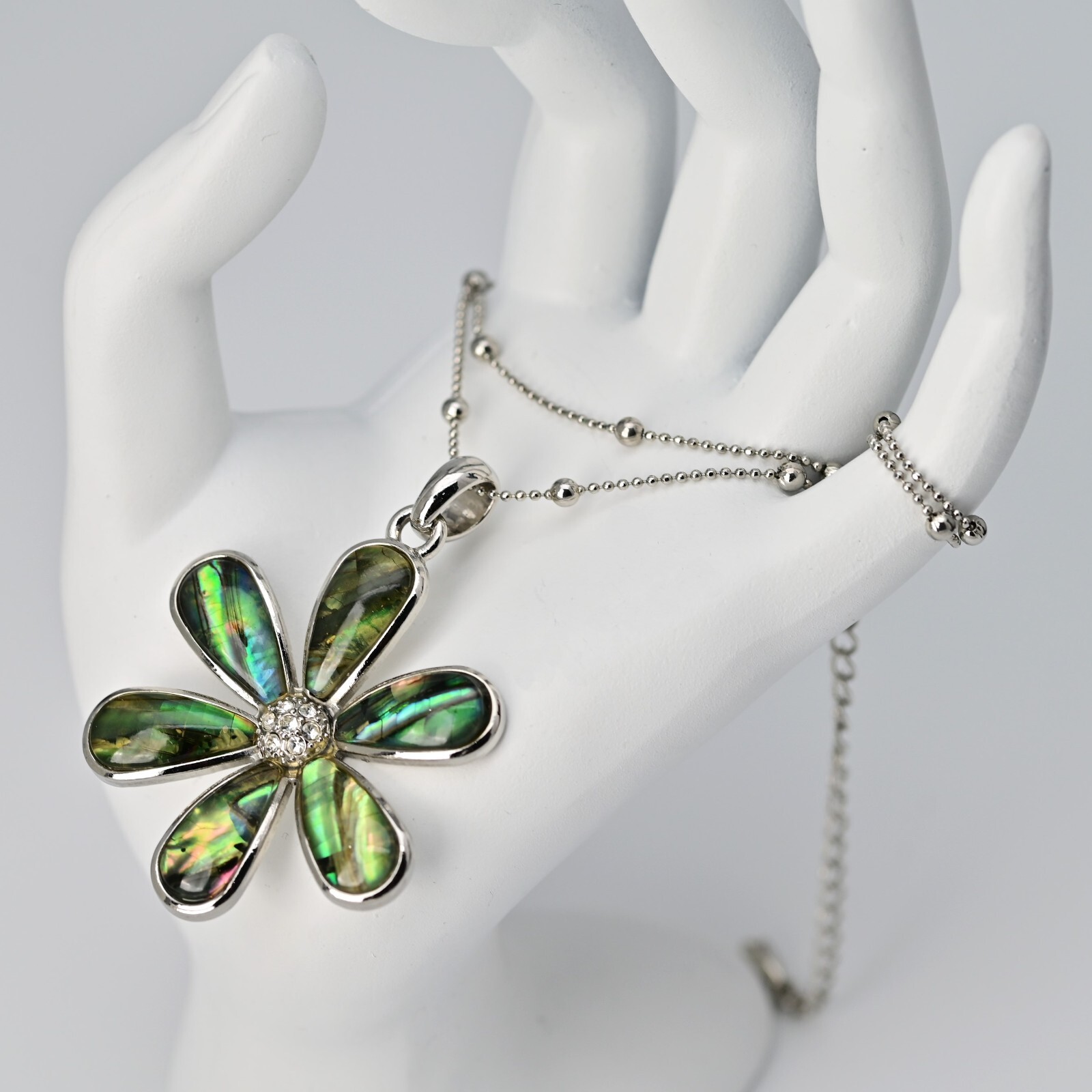 LIA SOPHIA Original Vintage Signed Abalone Flower Lily Pendant Silver Necklace