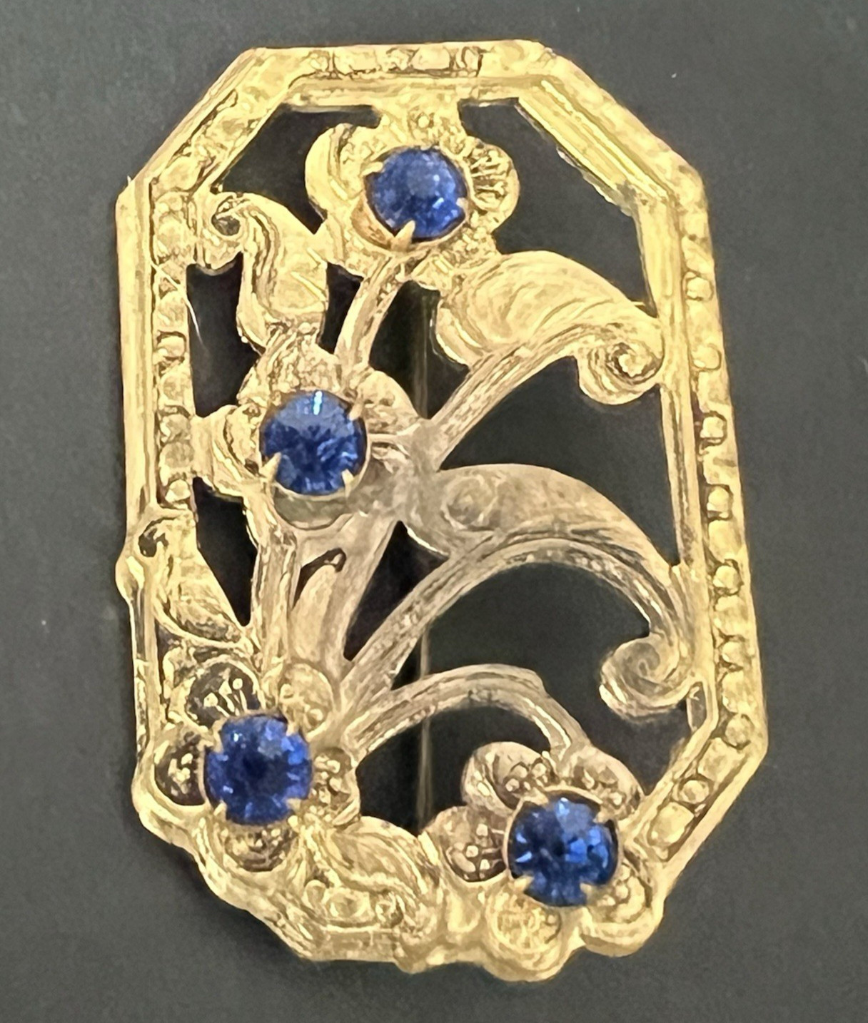 Art Deco Rectangle Floral Openwork Flower Brooch Rhinestones Antique Vtg Old Pin
