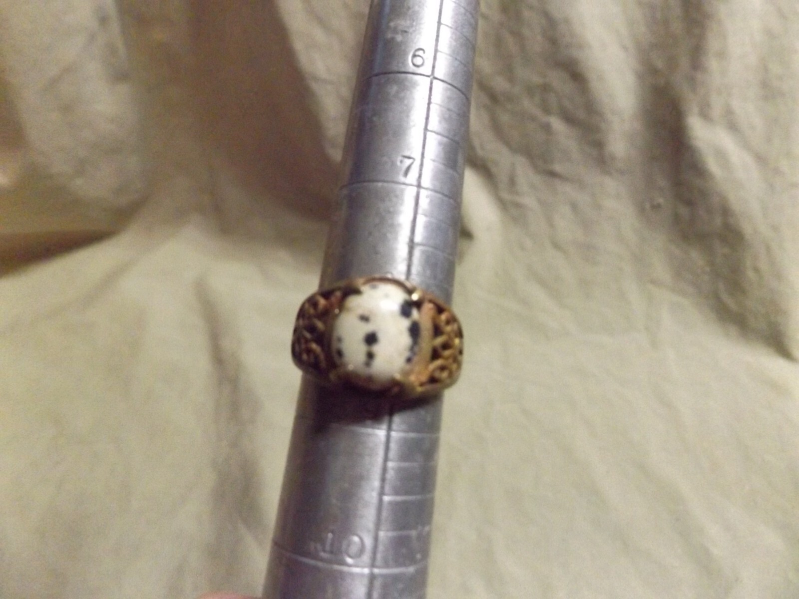 Vintage Cast Brass? Ring Dalmatian Jasper Oval Stone Unused Size 8.25+