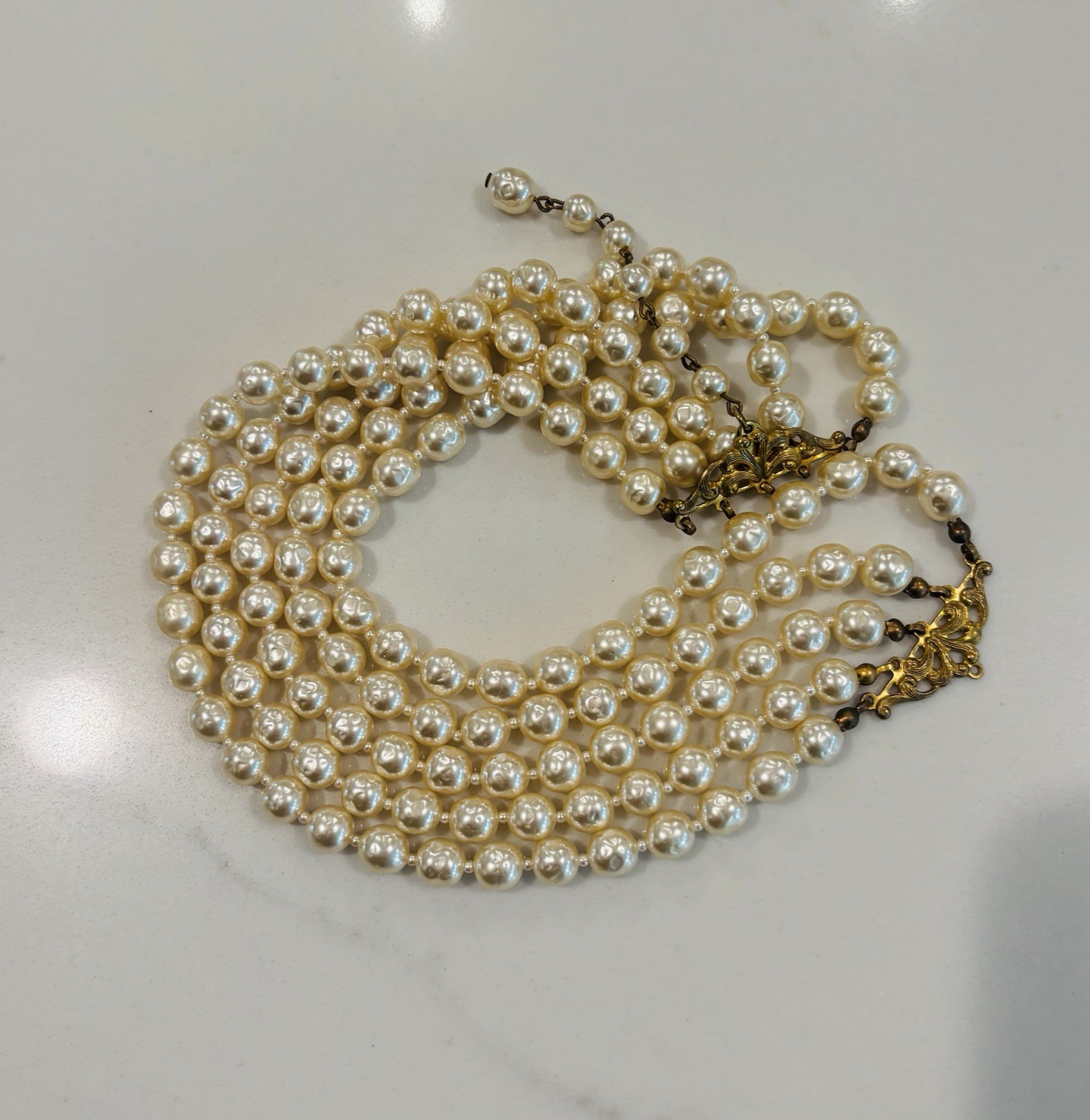 VTG SIGNED Miriam Haskell BAROQUE PEARL NECKLACE VINTAGE CHOKER 5 STRAND