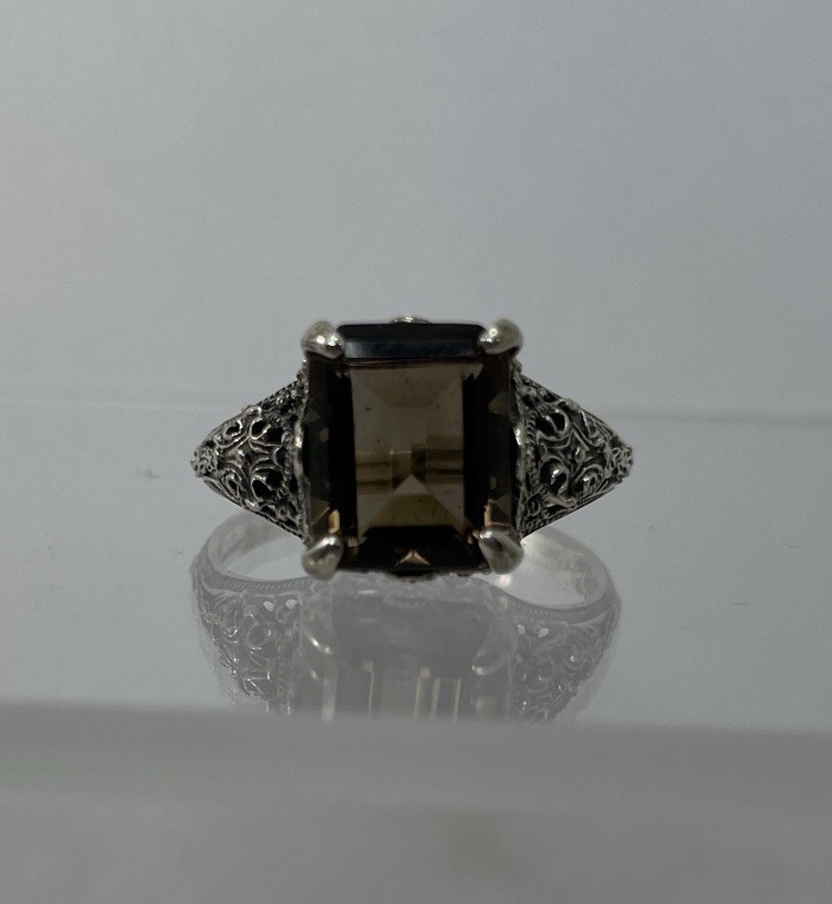 Estate Ring Smokey Gray Quartz Sterling Silver Sz 9.5 Baguette Art Nouveau Style