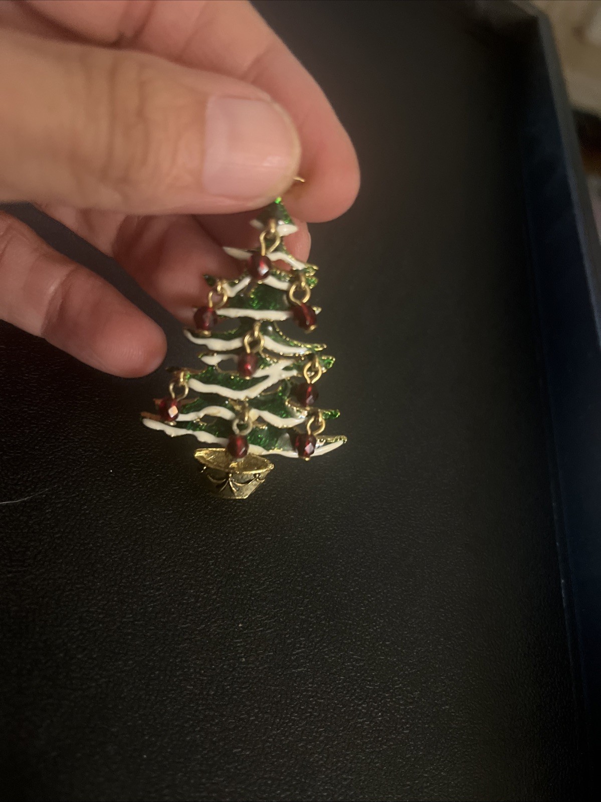 Avon Green Enamel Red Crystal Dangle Ornament Gold Tone Christmas Tree Brooch
