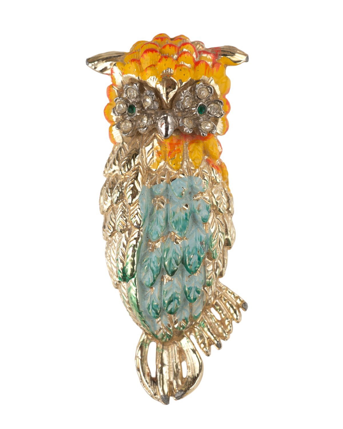 Owl Brooch Pin Jewelry Green and Gold Tone Green Rhinestone Enamel