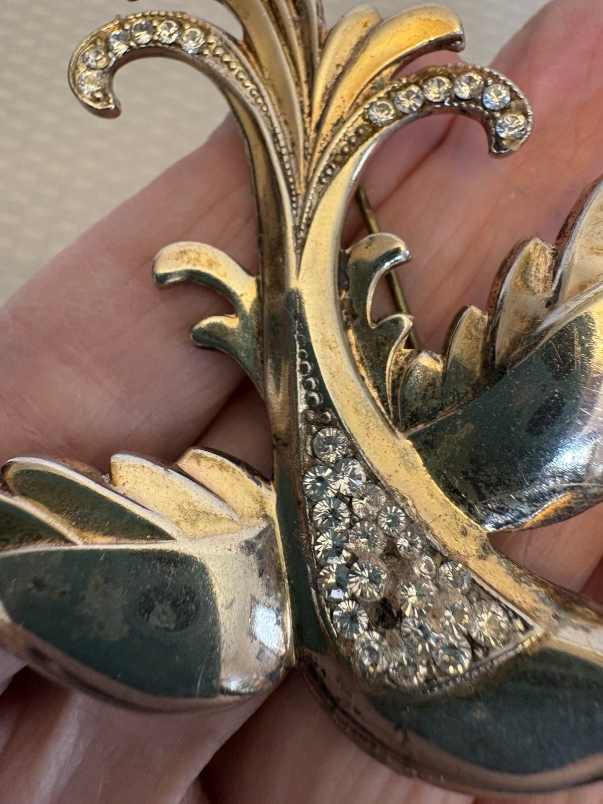 1940s Retro Vintage Sterling Gold Vermeil Rhinestone Bird Brooch 30g READ