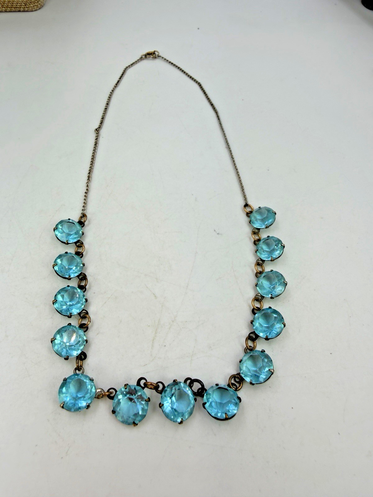 Vintage Necklace Art Deco Light Blue Round Glass Open Back Bezel 15 in PJ
