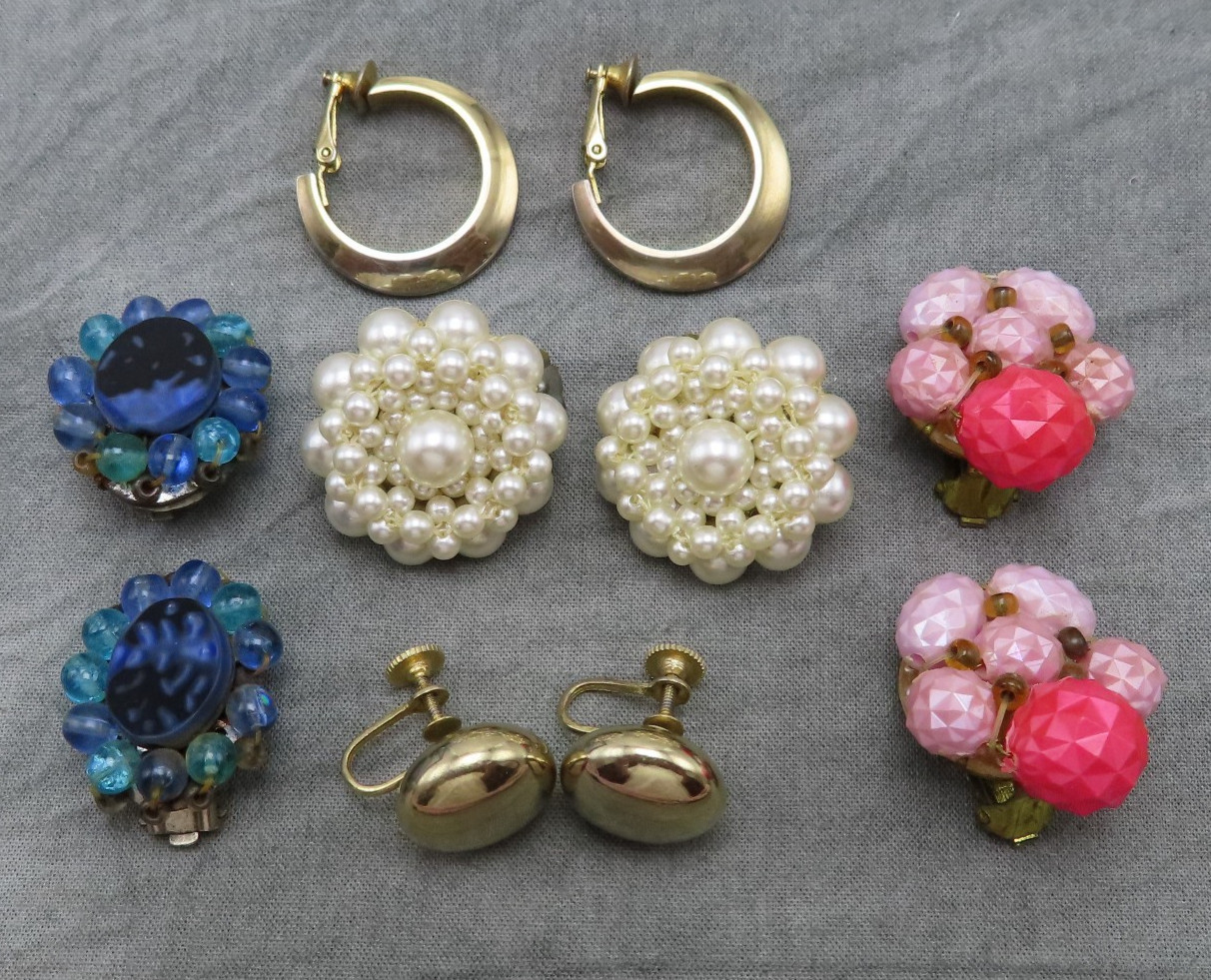 5 Pair Vintage Earrings Signed Clip Kramer Germany Japan Coro Beads Lot 442f