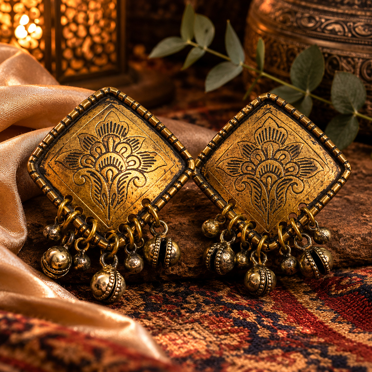 Vintage 1980’s Brass Etched Jhumka Dangle Bell Earrings Tribal Festival Indian