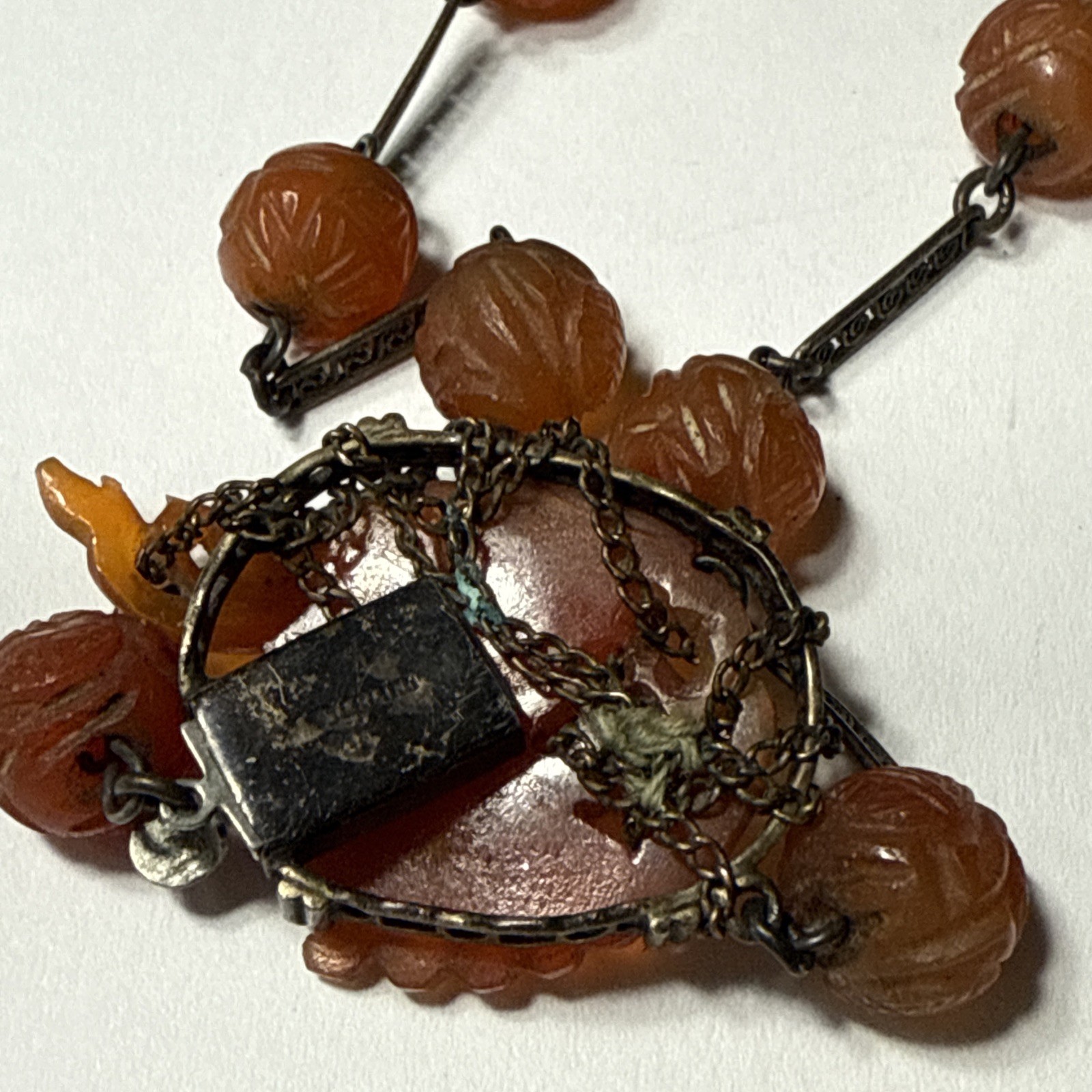 VTG Antique Chinese Carved Carnelian 15.5” Sterling Choker Necklace TLC