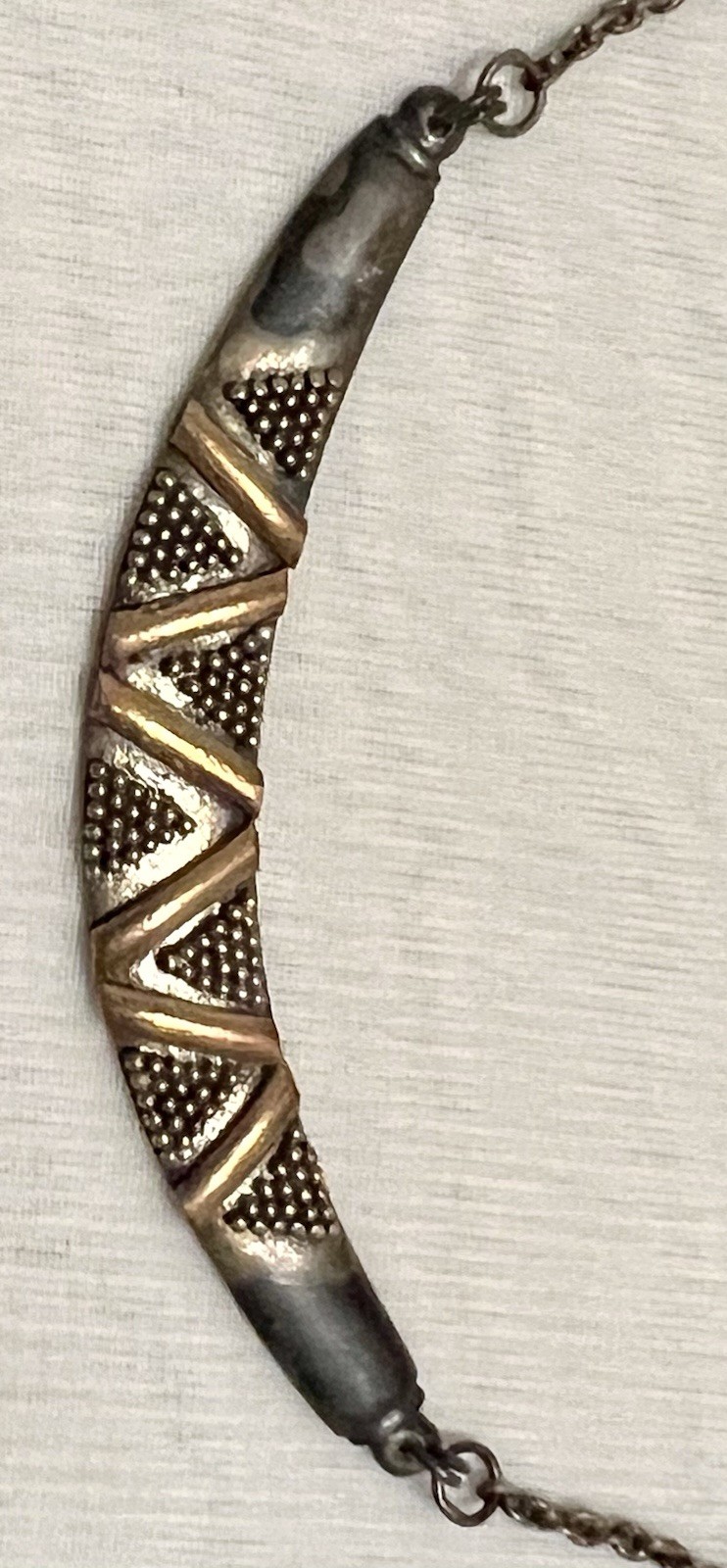 ABSTRACT BRUTALIST Sterling Silver Gold Wash CRESCENT PENDANT NECKLACE Vintage