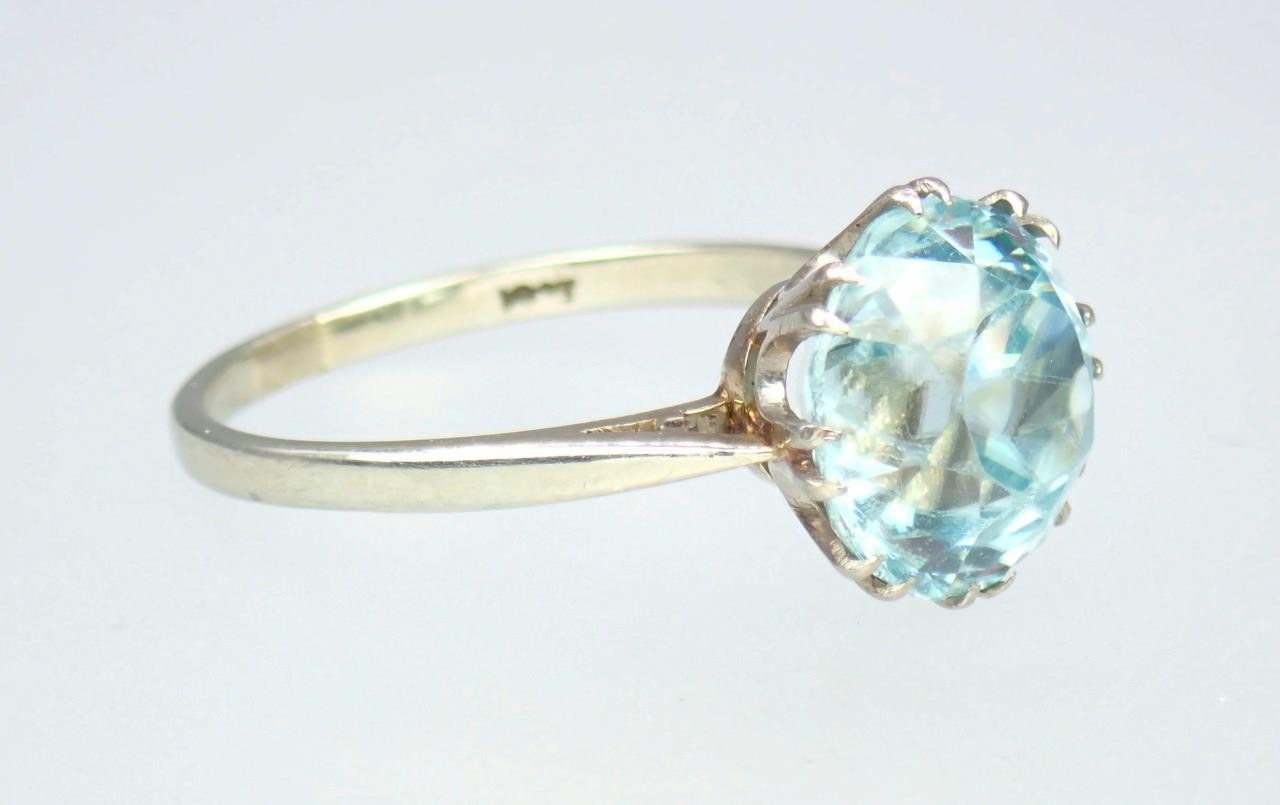 Antique Art Deco 18K Gold 5.4ct Old Cut Blue Zircon Solitaire Engagement Ring 6