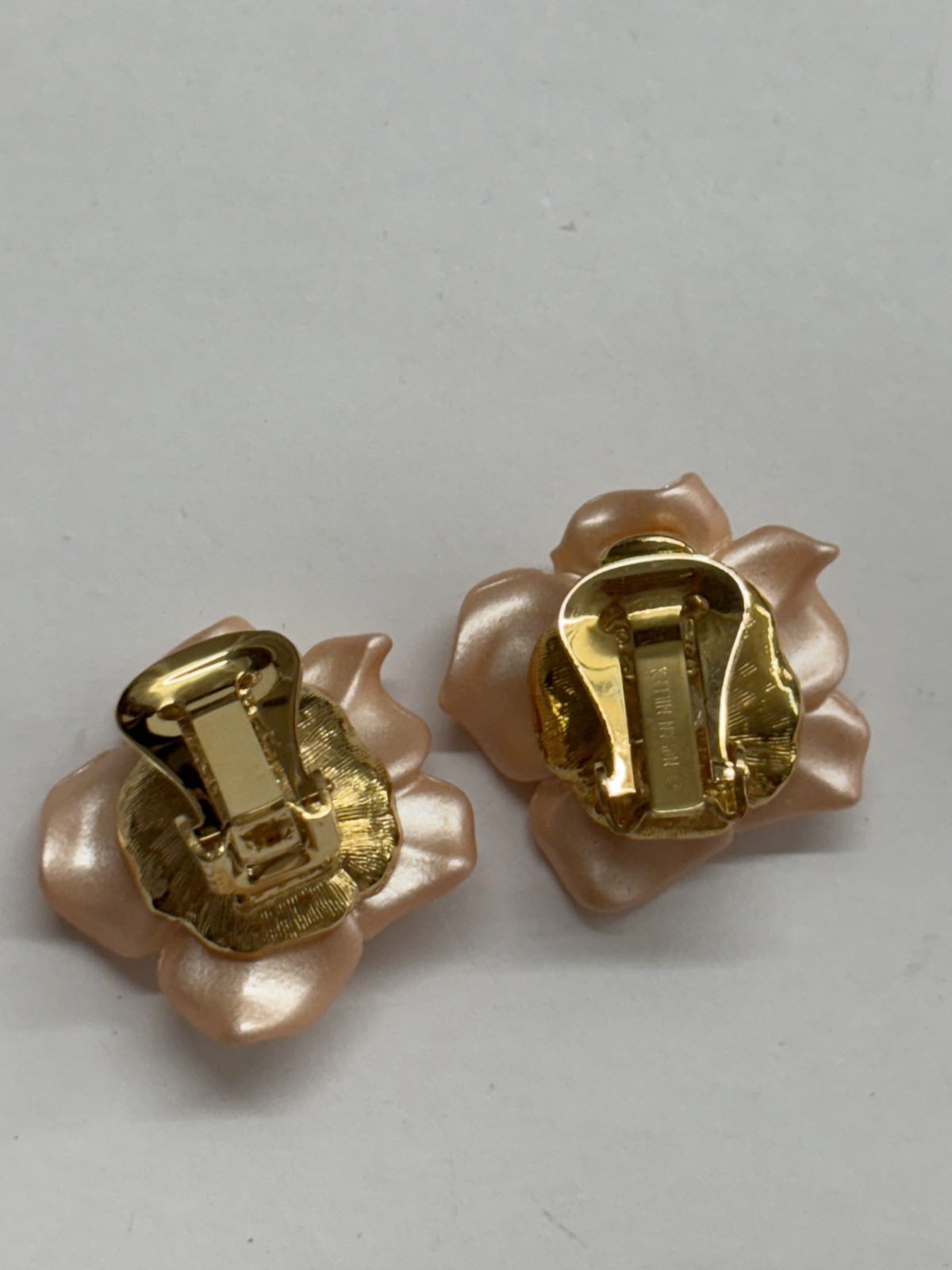 Vintage Signed NOLAN MILLER Cream Color Flower Clip Earrings W/Rhinestone Center
