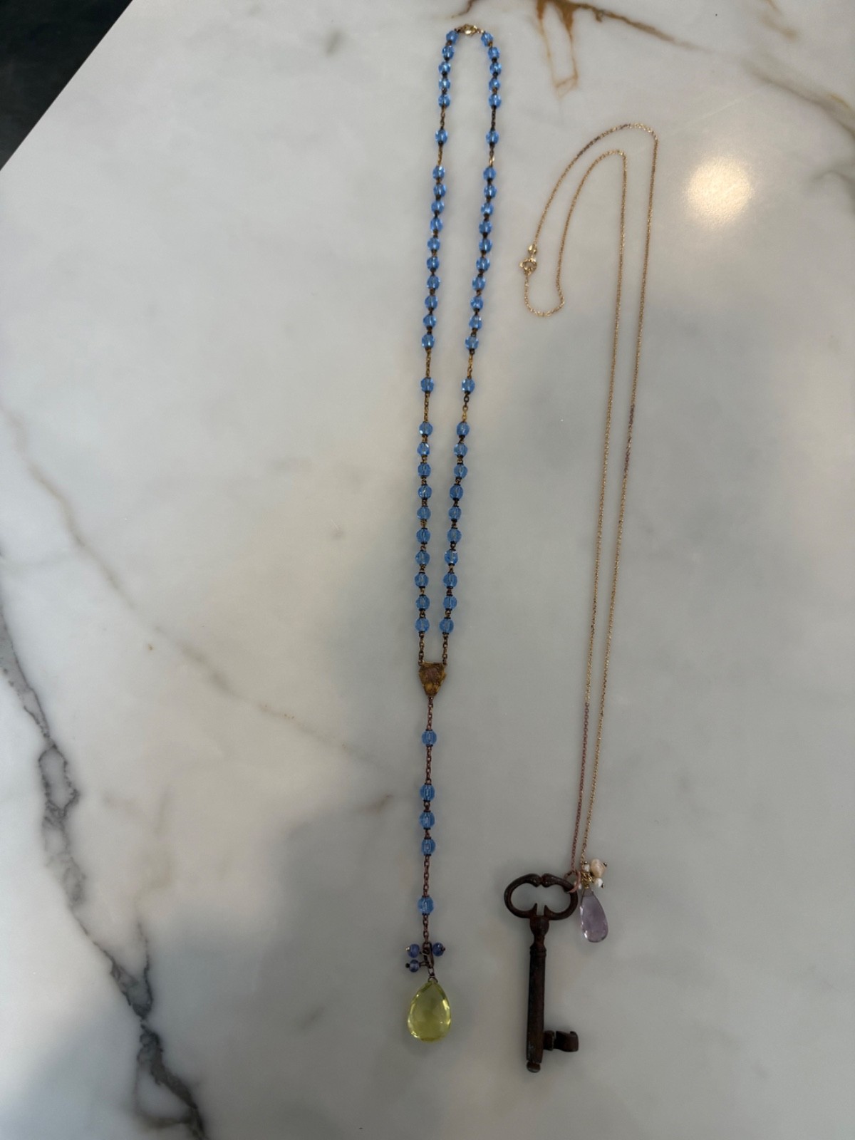 Lot of 2 Provence, France Vintage Rosary Necklace and Key Necklace Lemon Quartz