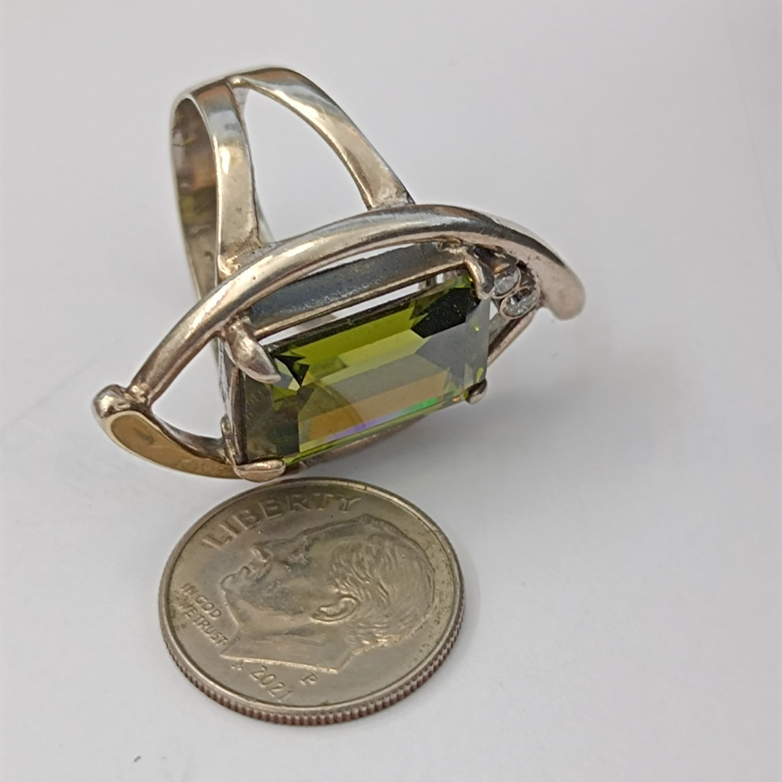Modernist Statement Ring Sterling Silver Olive Green Stone Rolled Gold Cocktail