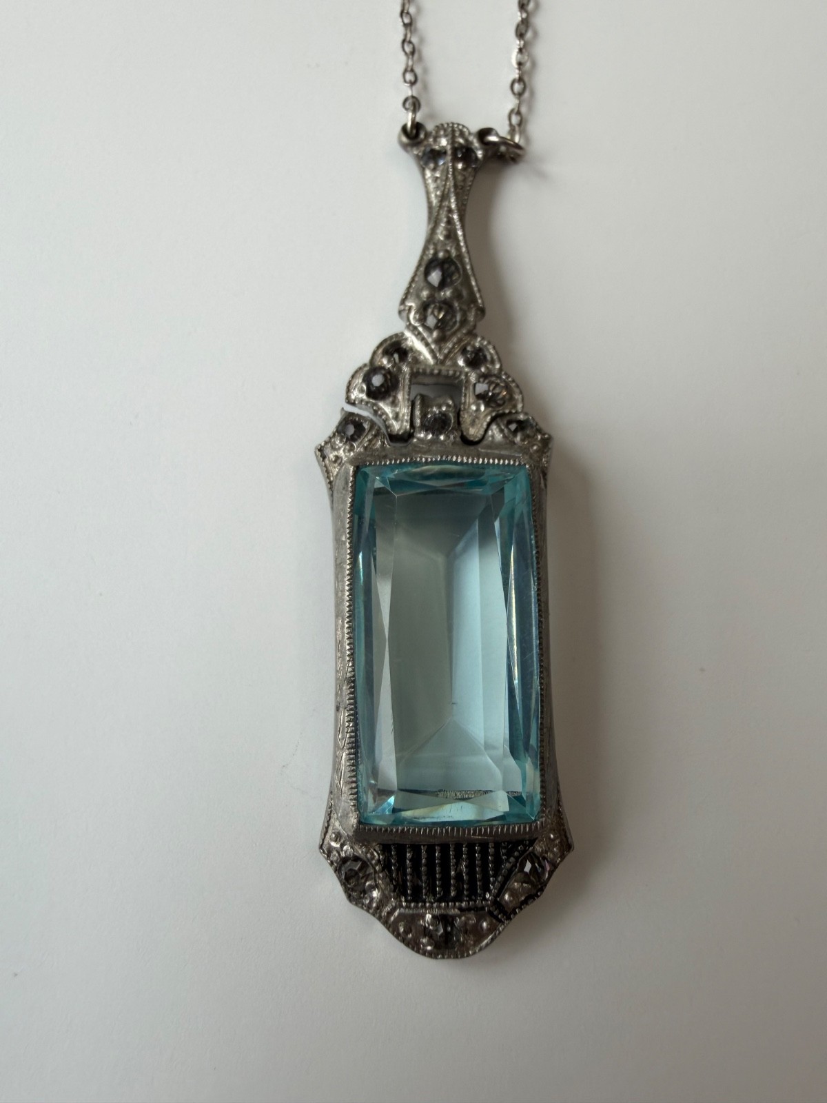 Antique Art Deco Approx. 11Ct 22x11mm Aquamarine Colored 835 Silver Pendant