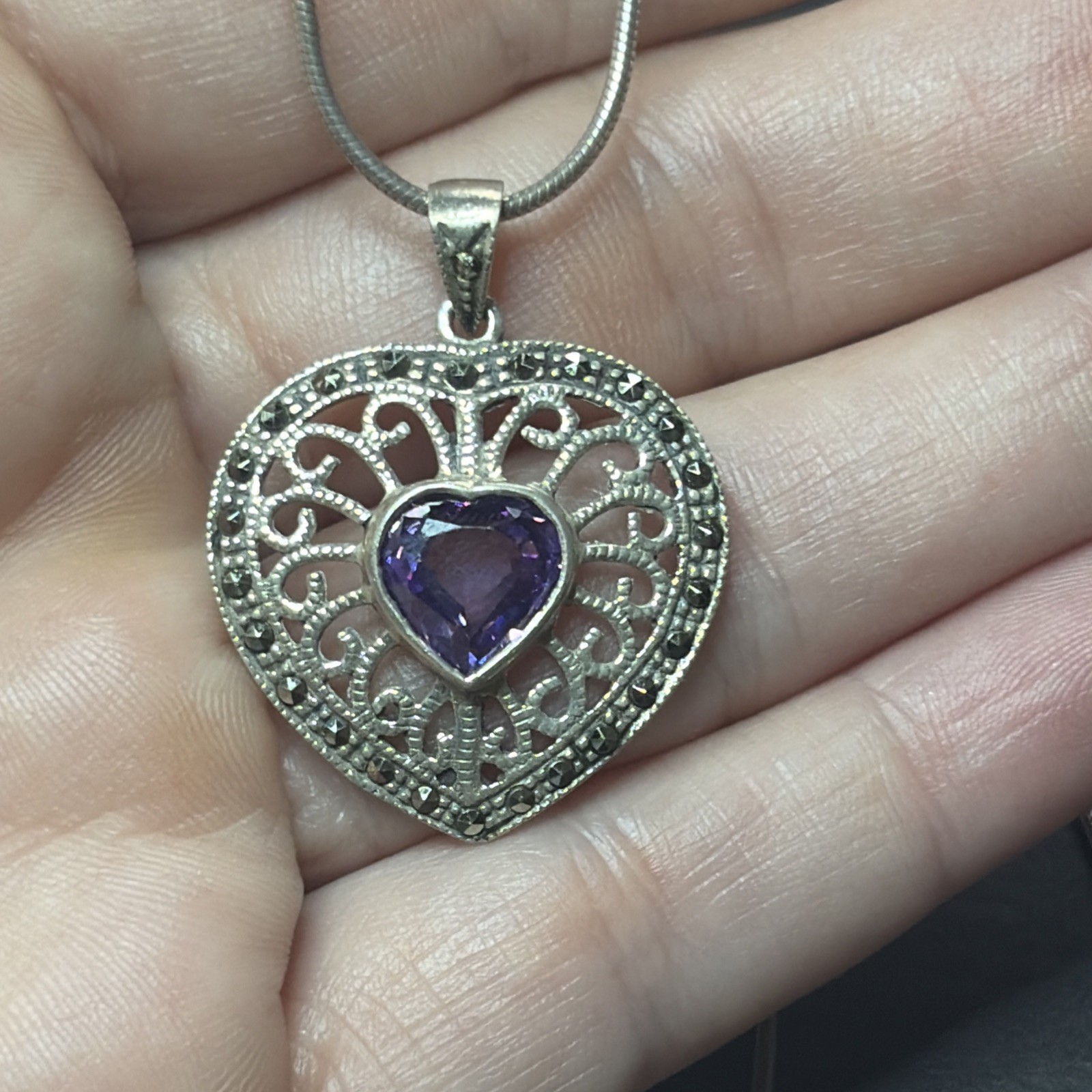 Vintage Sterling Silver Amethyst Heart Necklace Signed AGI 925 22”