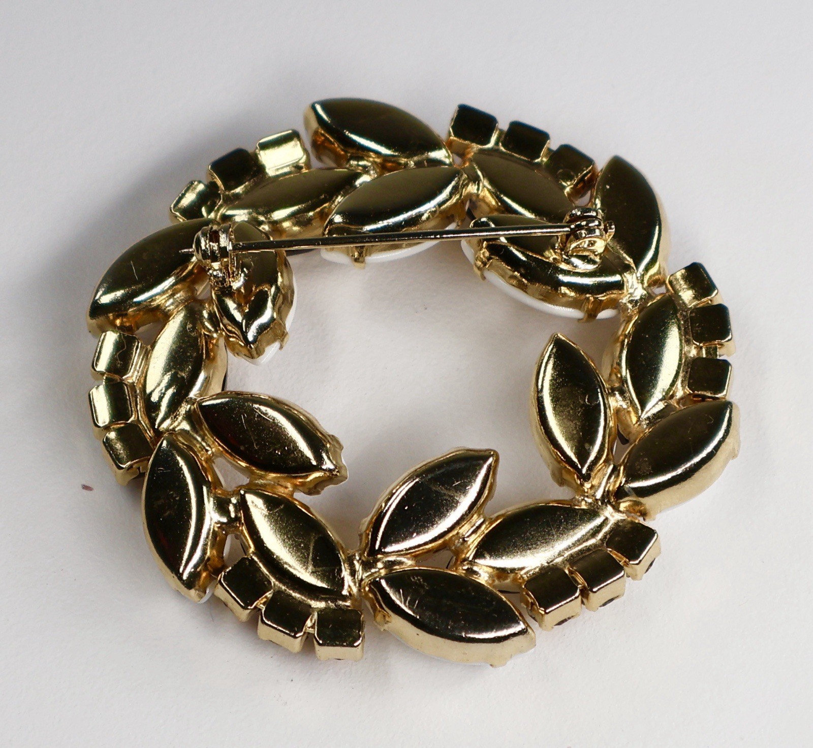 Vintage Rhinestone Wreath Brooch Milk Glass AB Stones Gold Navettes Gold Tone