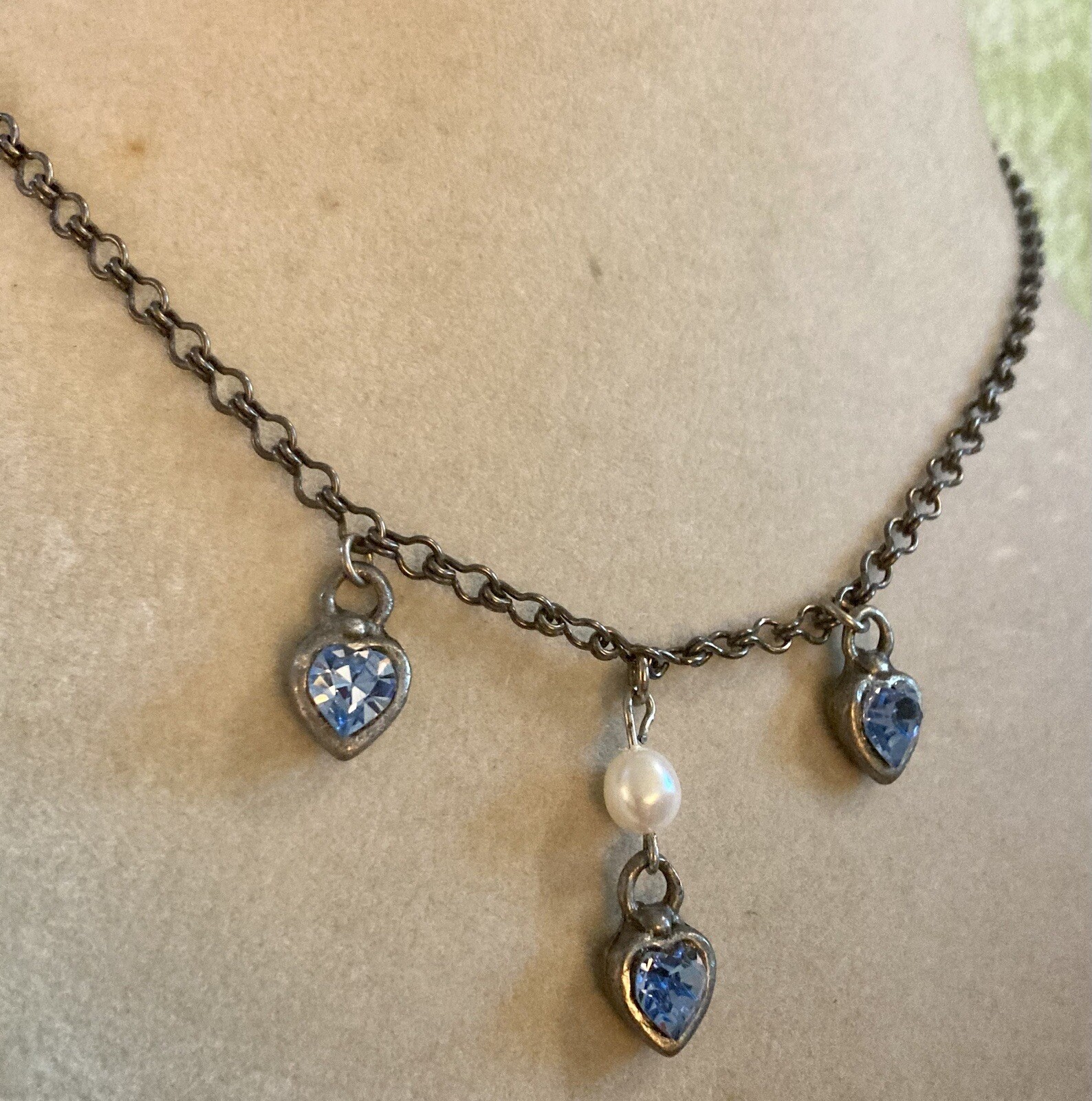 Vintg EH Elvin Hillestad Norway Necklace Crystal Hearts Pearl Charms Signed 15”
