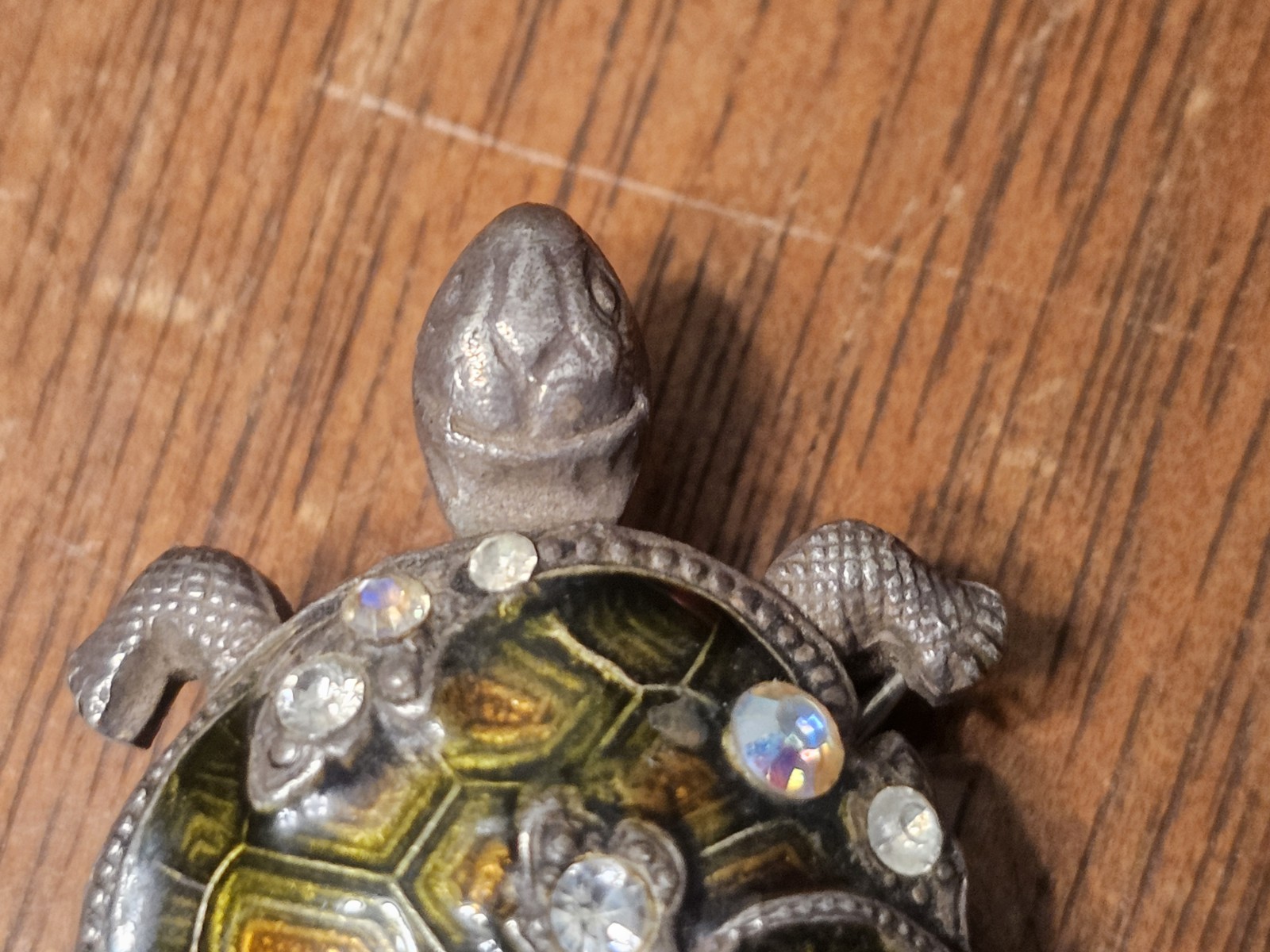 CATHERINE POPESCO FRANCE GREEN TURTLE INLAY ENAMEL & Rhinestones PEWTER BROOCH