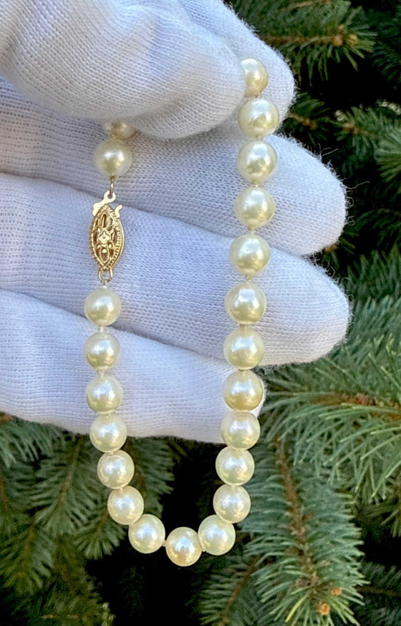 14K Solid Yellow Gold Clasp 6.4mm Beaded White round Pearl Bracelet -7.5”