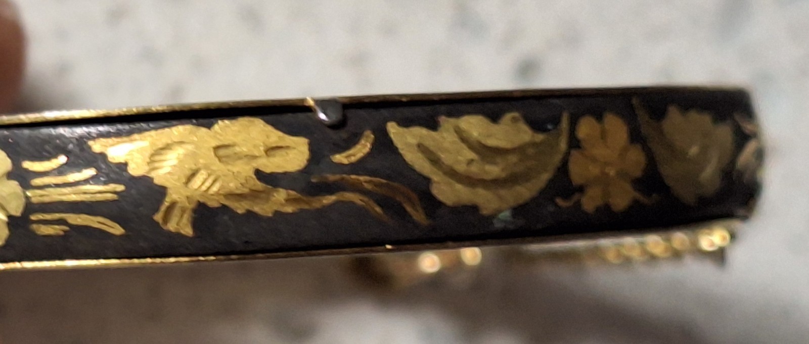 Vintage Damascene Hinged Bangle with Birds & Flowers Black and Gold tone