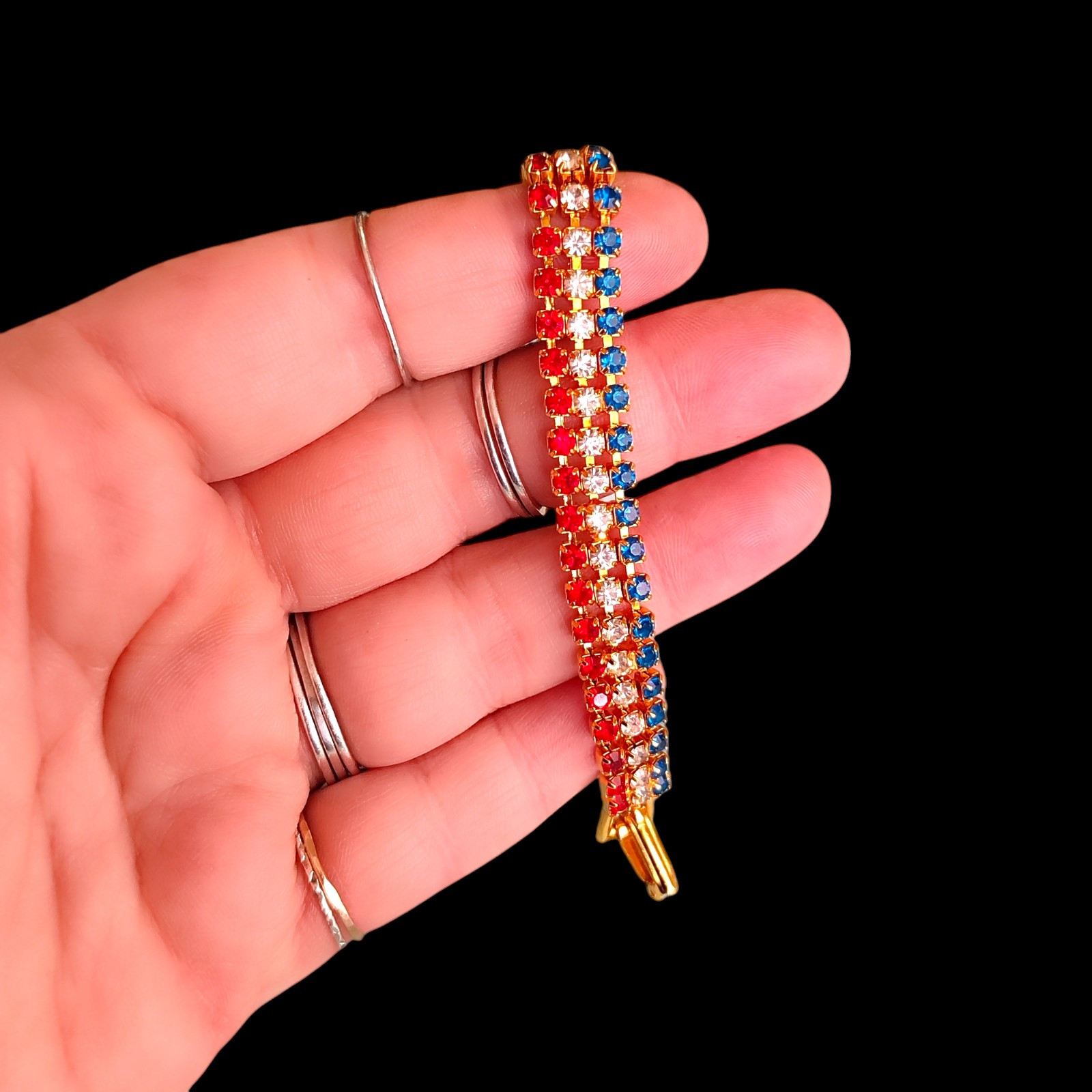 Gold Tone Red White & Blue Patriotic American Celebration Rhinestone Bracelet