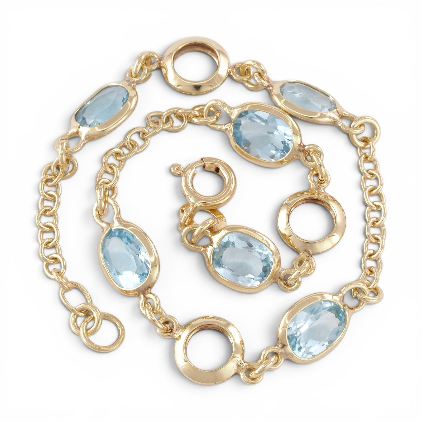 AZURE SKIES Italian 18ct Yellow Gold Oval Natural Blue Topaz Chain Bracelet 19cm