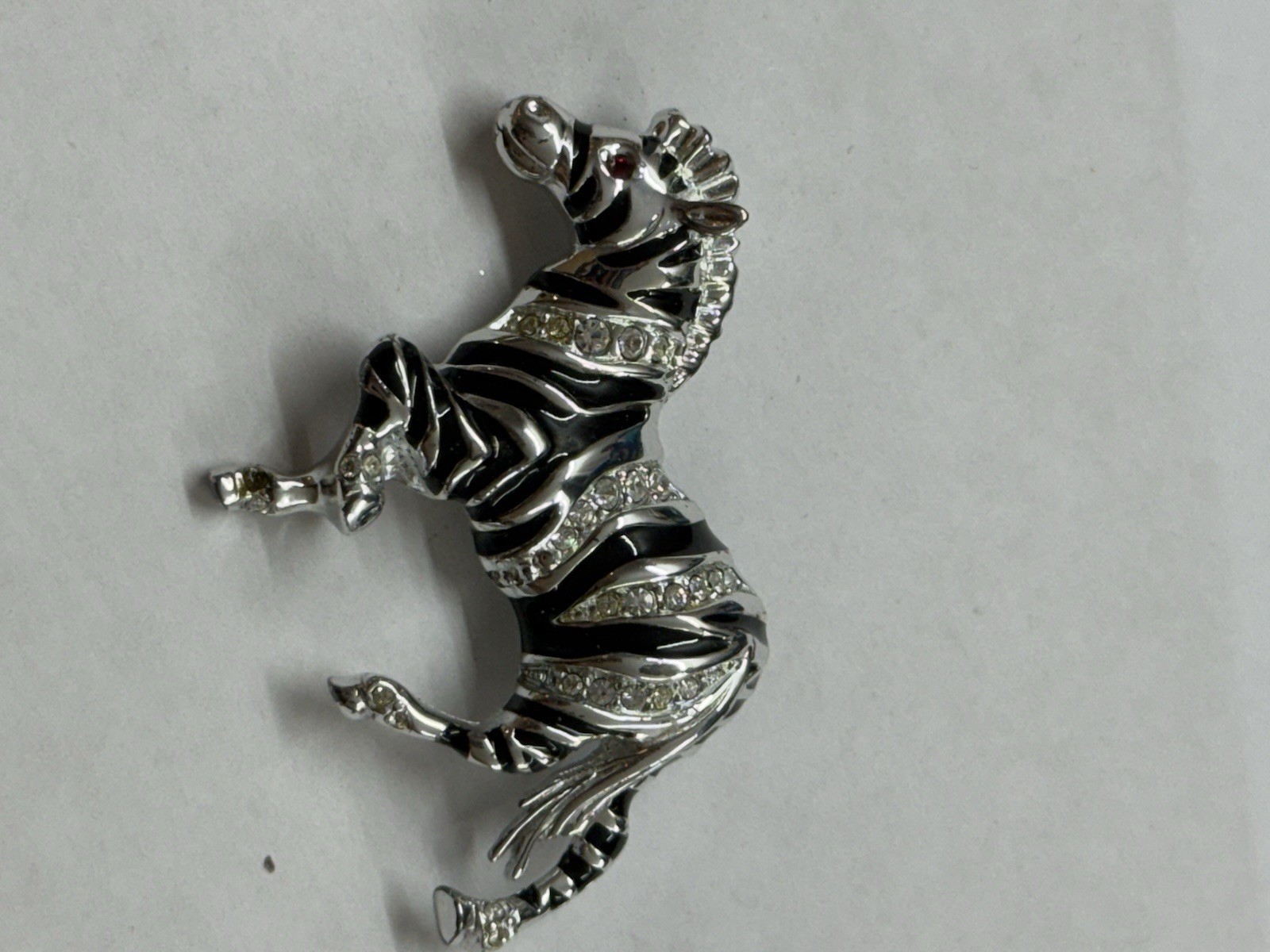 Vintage BOB MACKIE Zebra Horse Clear Rhinestone Red Eye Black Enamel Pin Brooch