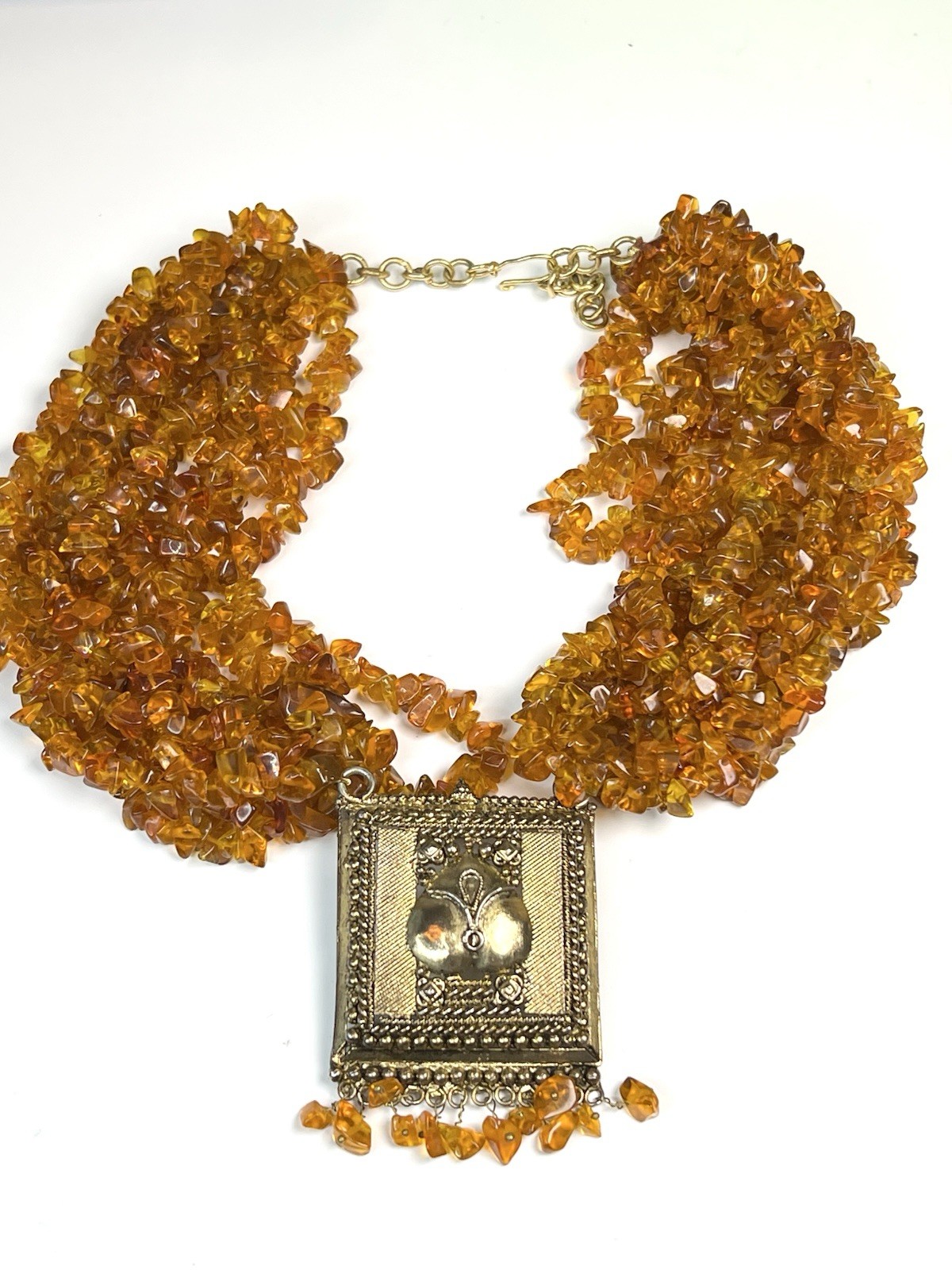 Vintage Amber Tone Glass Chip Multi Strand Necklace Artisan Pendant Heavy 9oz