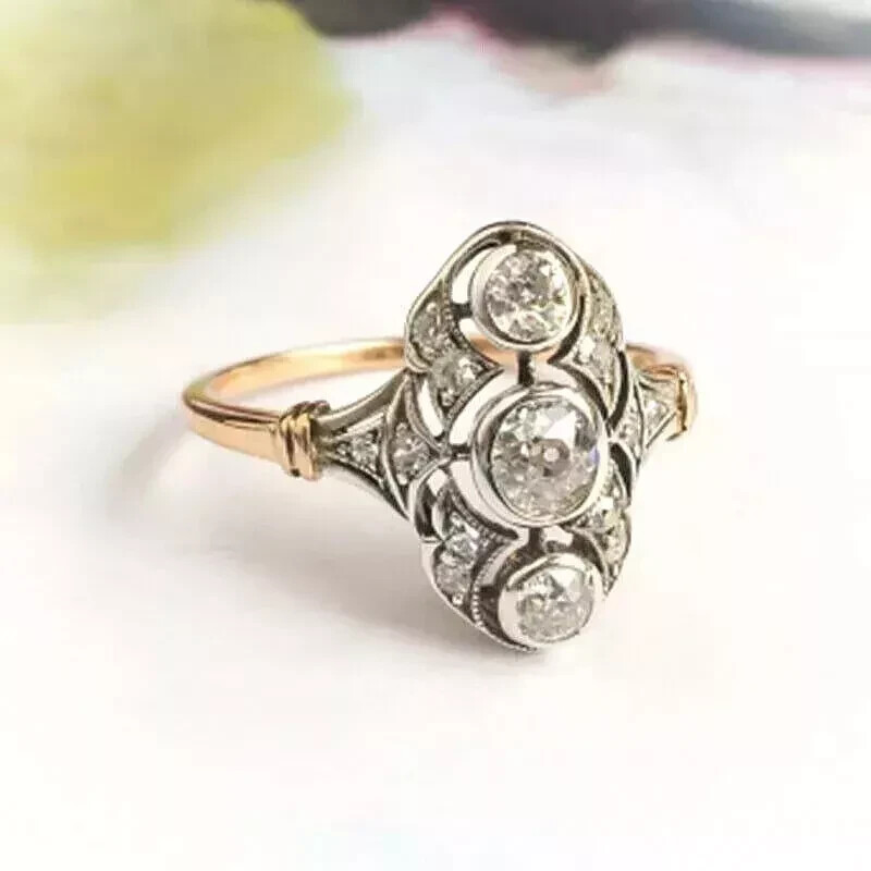 Art Deco Style Round Lab Created Three-Stone 14K Gold FN Engagement Ring
