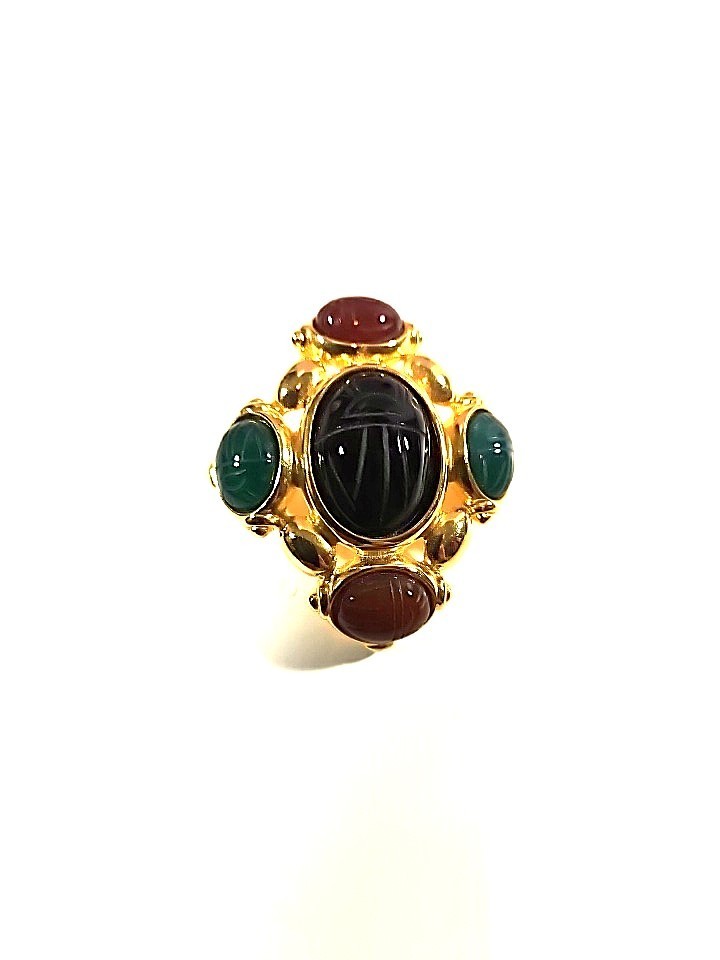 Vintage Multicolor Carved Scarab Beetle Simulated Multi Stone Gold Tone Brooch