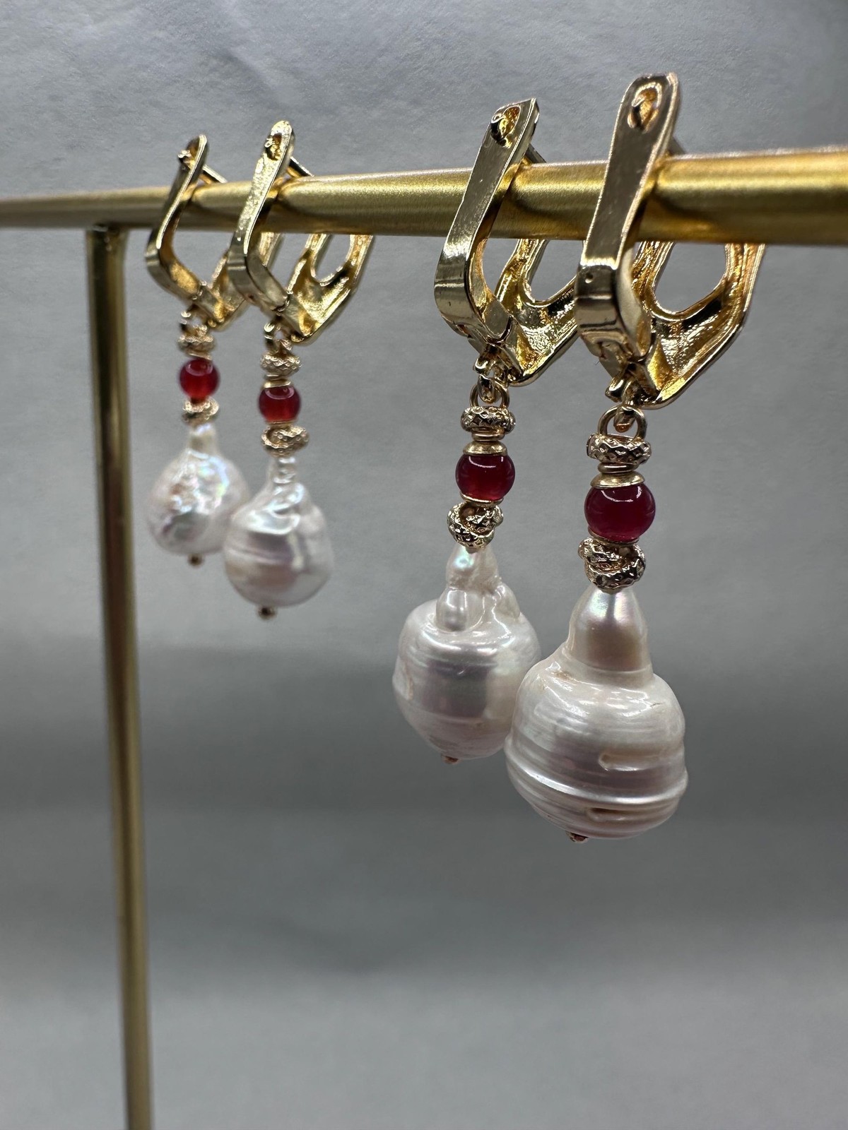 White Baroque Pearl Earrings With Carnelian Accent, Melting Lever back