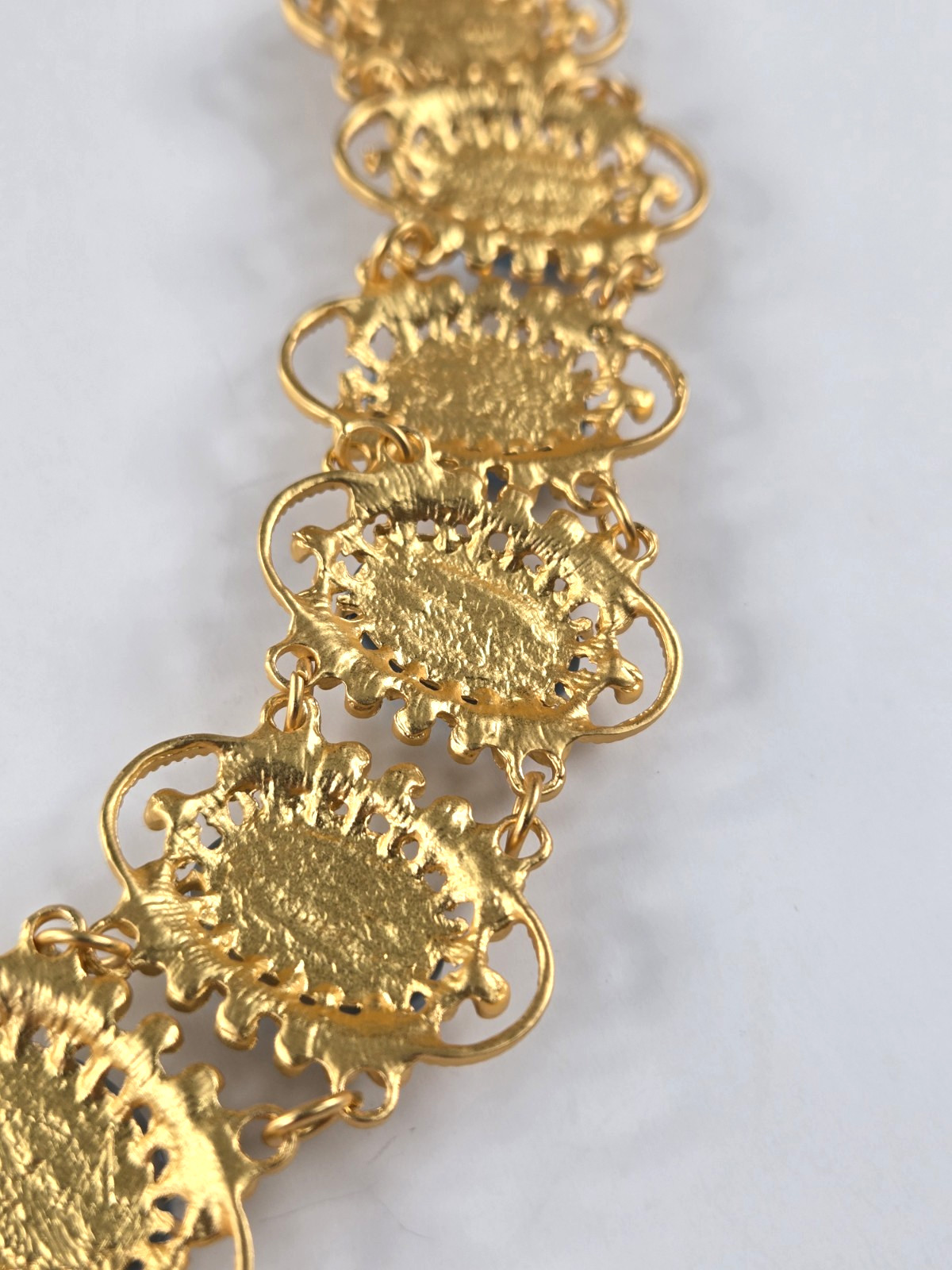 Moonglow Blue Lucite Gold Link Collar, Vintage Filigree Choker Necklace