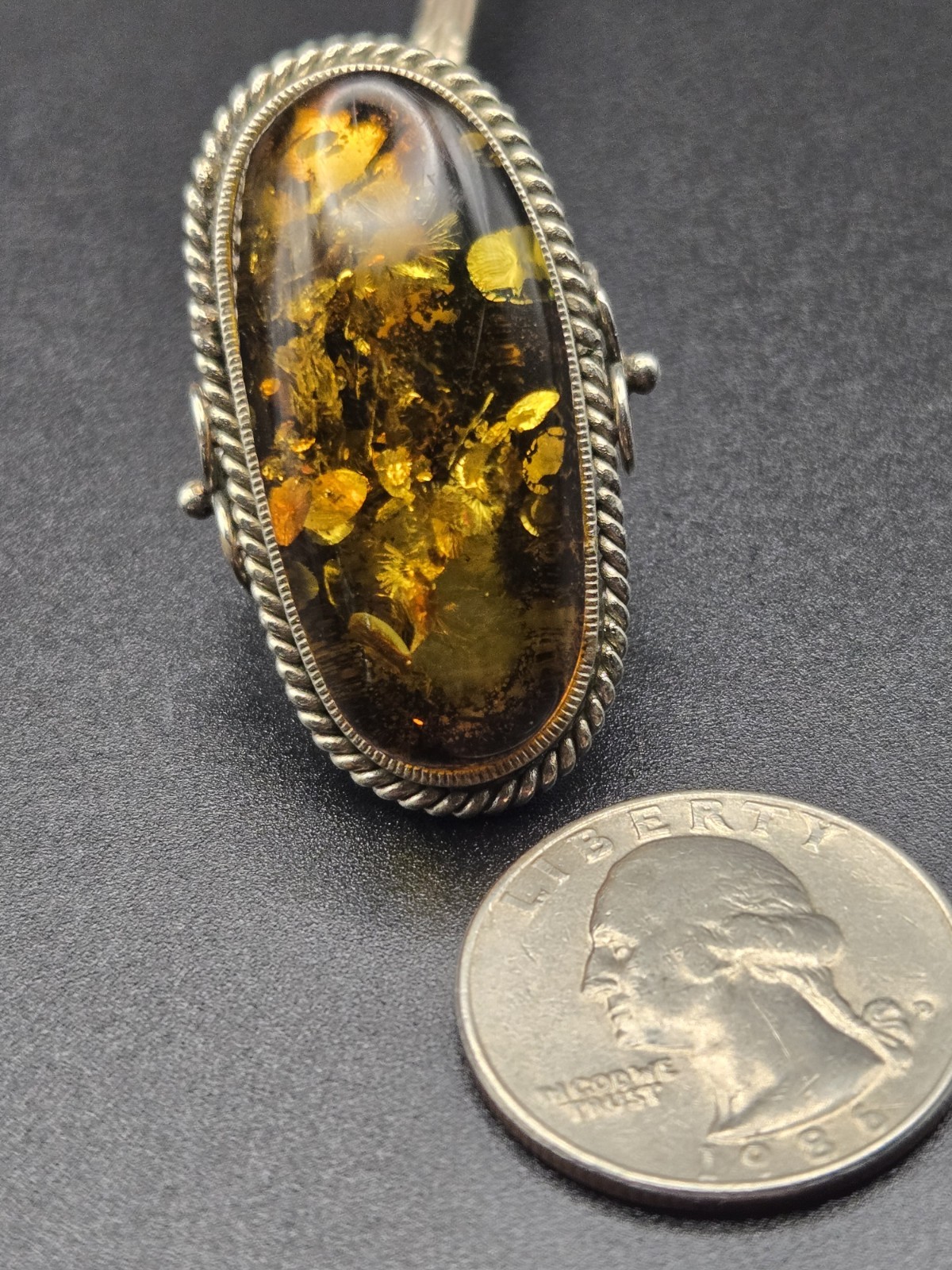 Vtg AMBER Ring SIZE 7 UV Light Tested Glows Sun Spangles Bezel Set Oval Shape