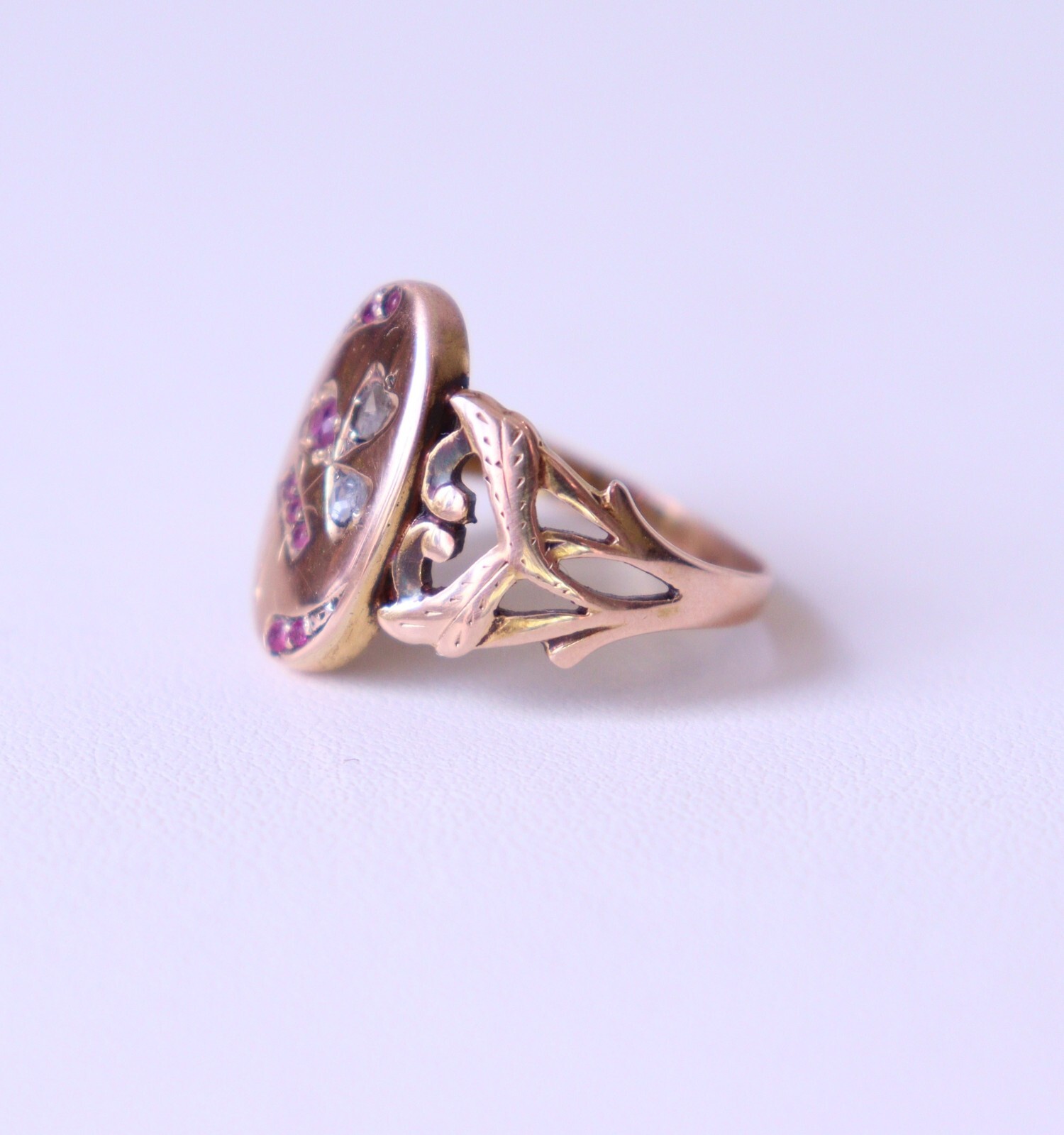 Antique Vintage 14k Rose Gold Ring Rose Cut Diamonds Ruby and Simili NO TARIFF